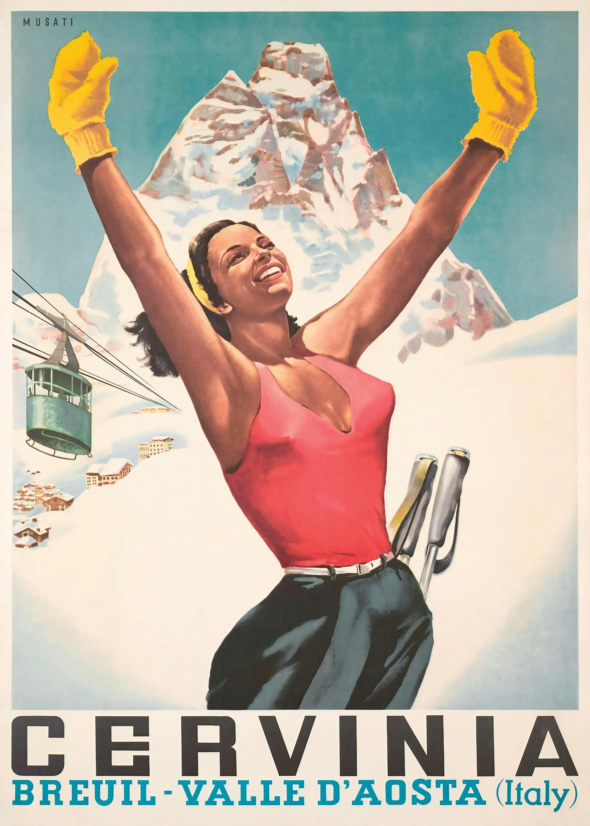 Cervinia vintage plakat, en smilende skiløper med hevede armer i rosa topp og gule votter, snødekt fjell og taubane i bakgrunnen