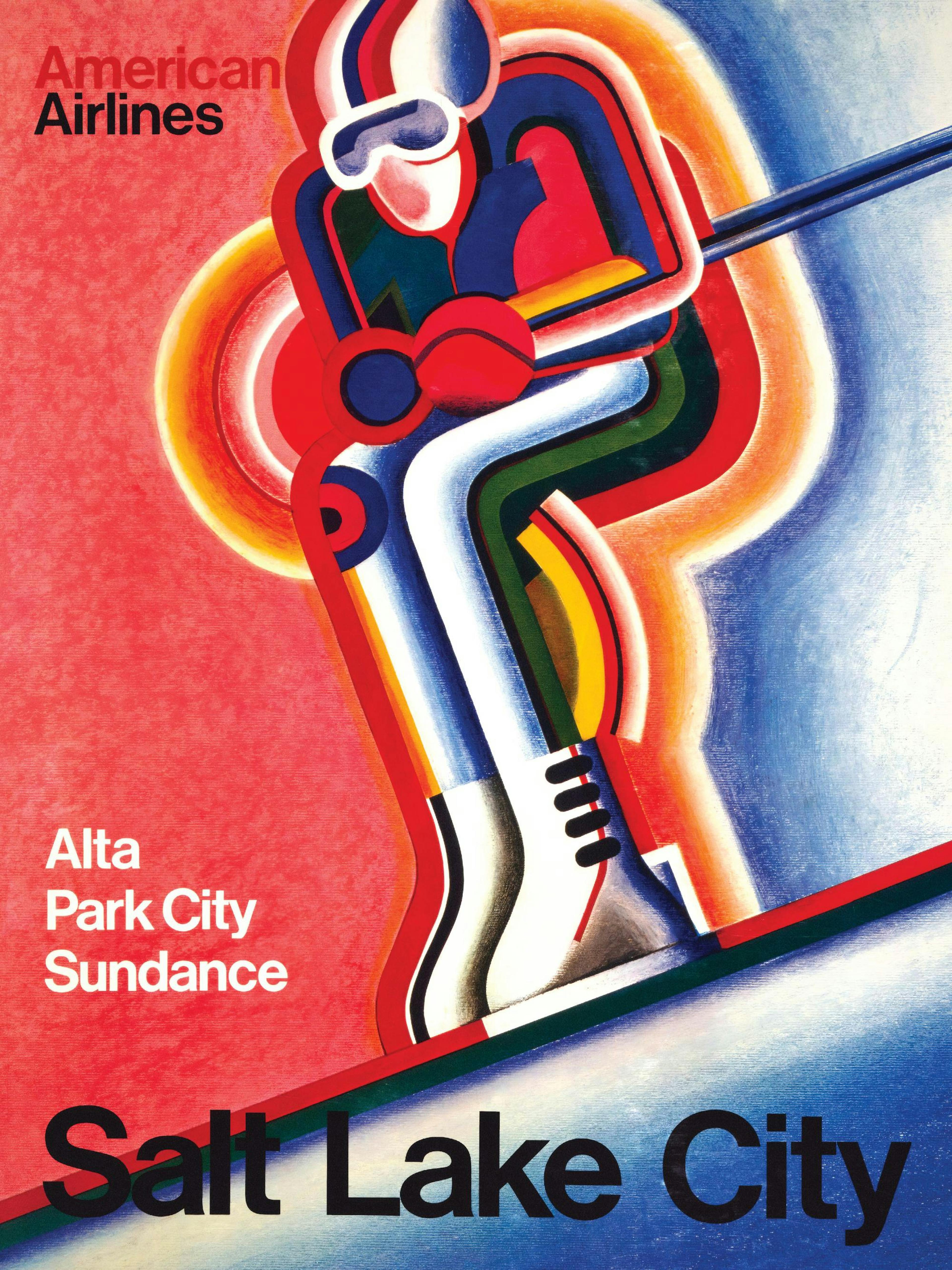 Póster vintage de Salt Lake City con esquiador de American Airlines en colores vibrantes, fondo rojo y azul. Arte de viaje retro