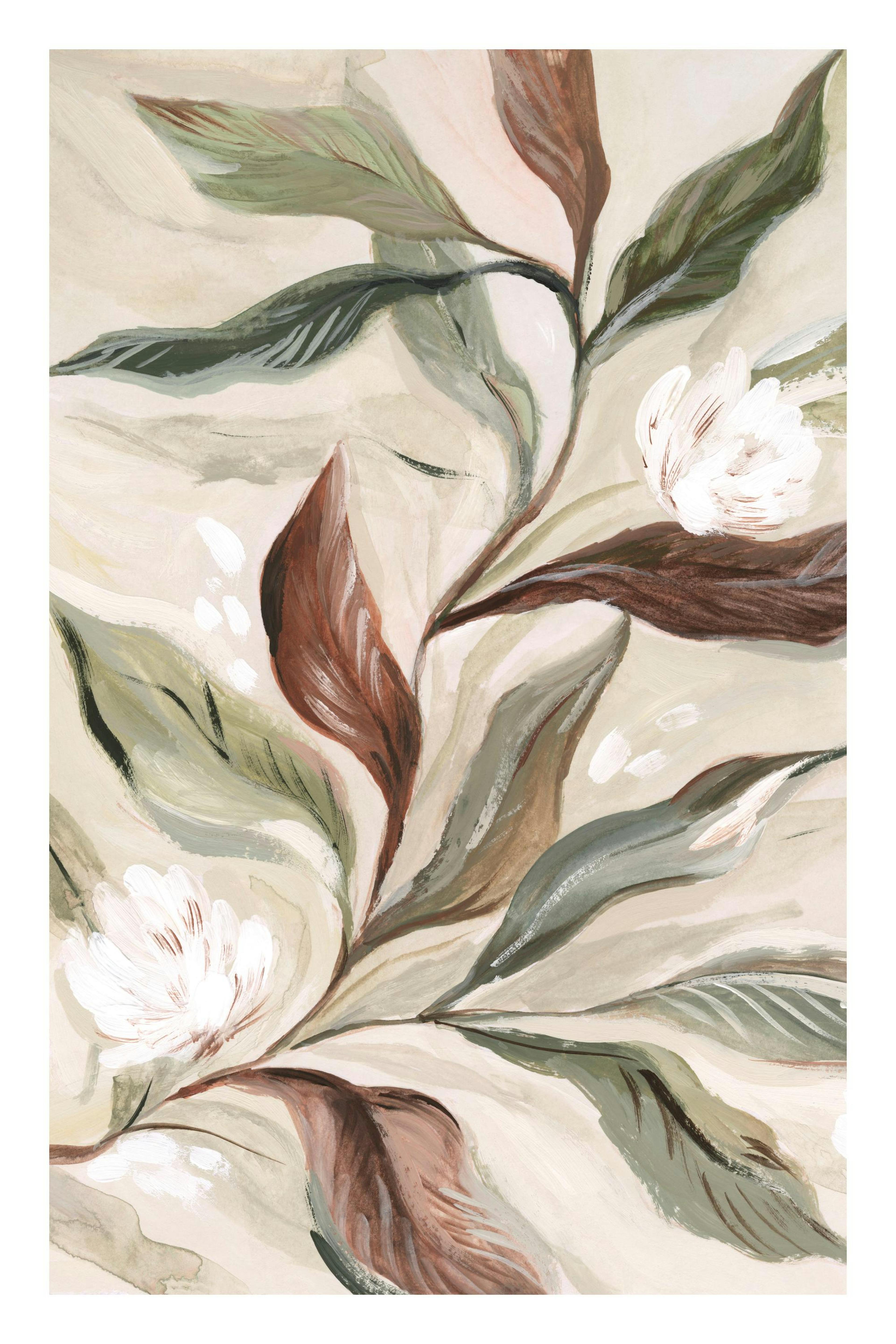 Rustieke botanische poster met handgeschilderde groene en bruine bladeren, witte bloemen op romige achtergrond.