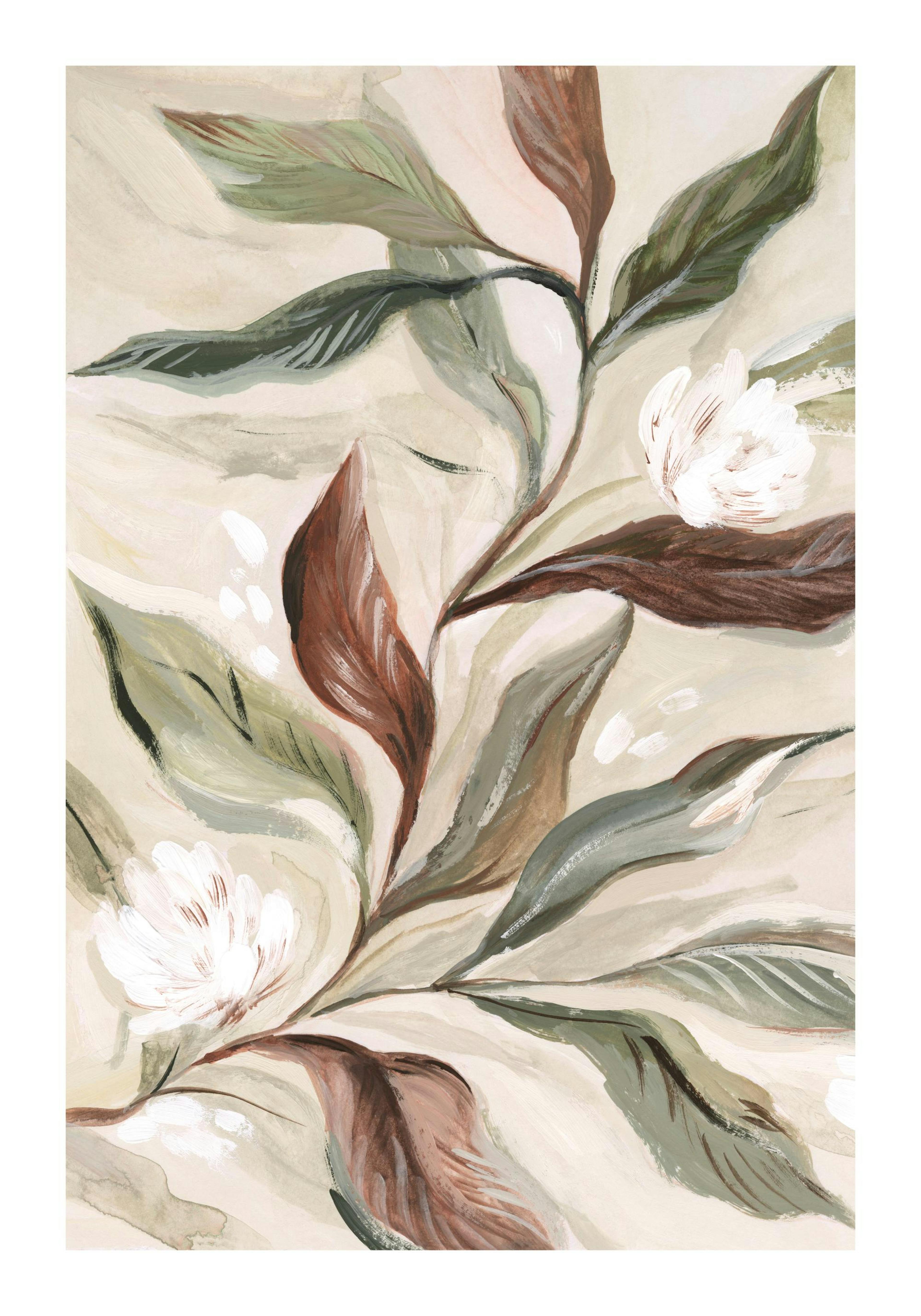 Affiche botanique peinte à la main avec feuilles vertes et brunes, fleurs blanches sur fond crème. Typographie naturelle.