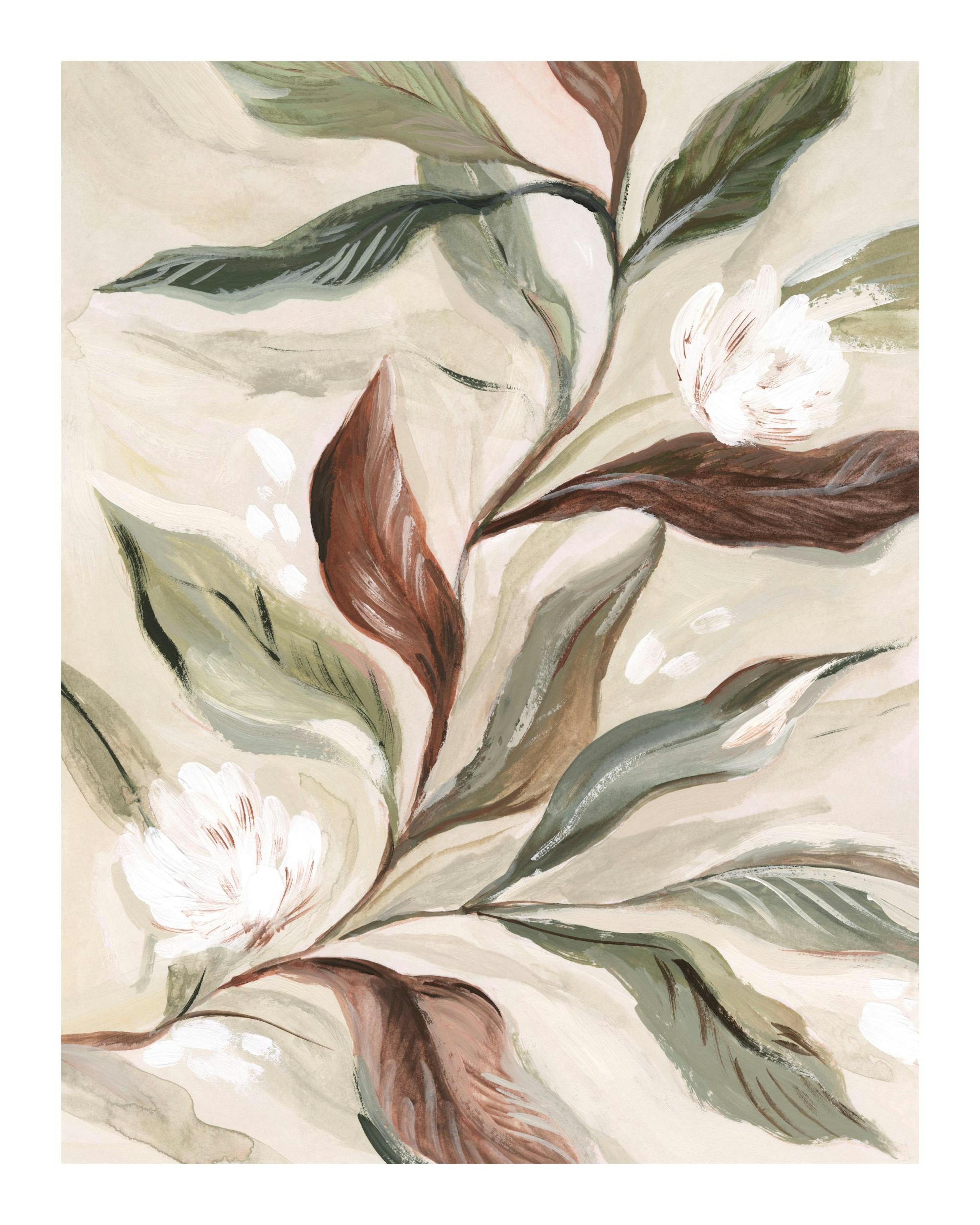 Poster botanico rustico con foglie verdi, marroni e fiori bianchi su sfondo crema. Stampa floreale dipinta a mano.
