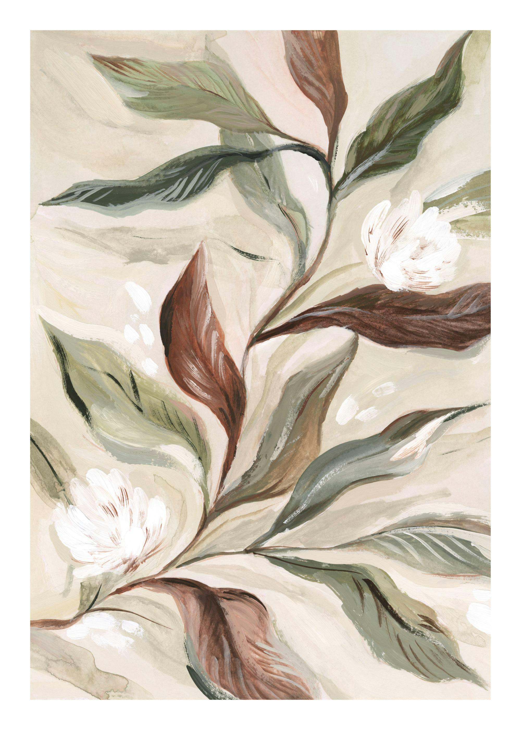 Handmålad botanisk poster med gröna och bruna blad, och vita blommor på en krämig bakgrund, ger en lugn känsla.