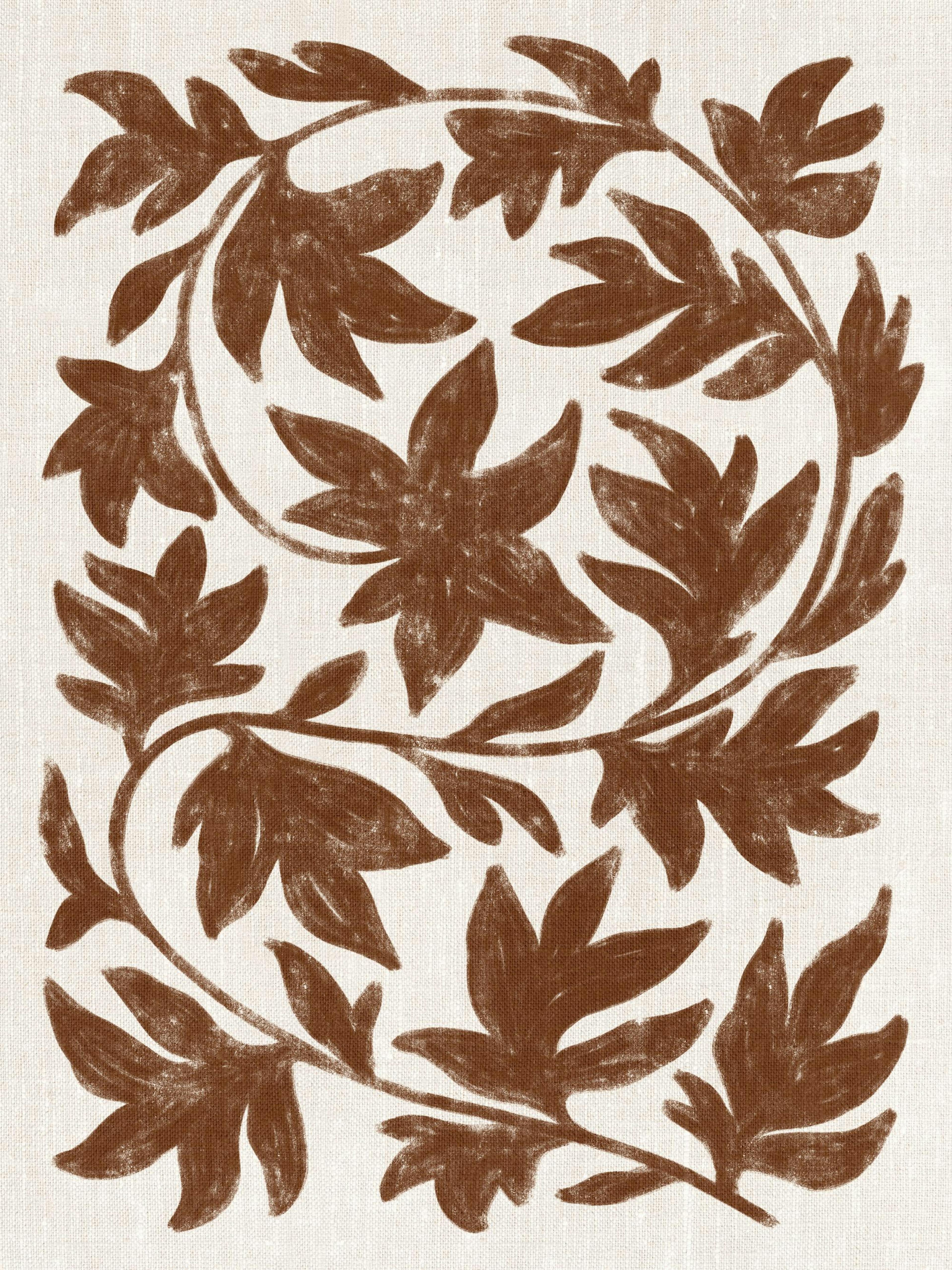 Póster botânico castanho em linho com padrão circular de folhas texturizadas, estilo rústico e orgânico
