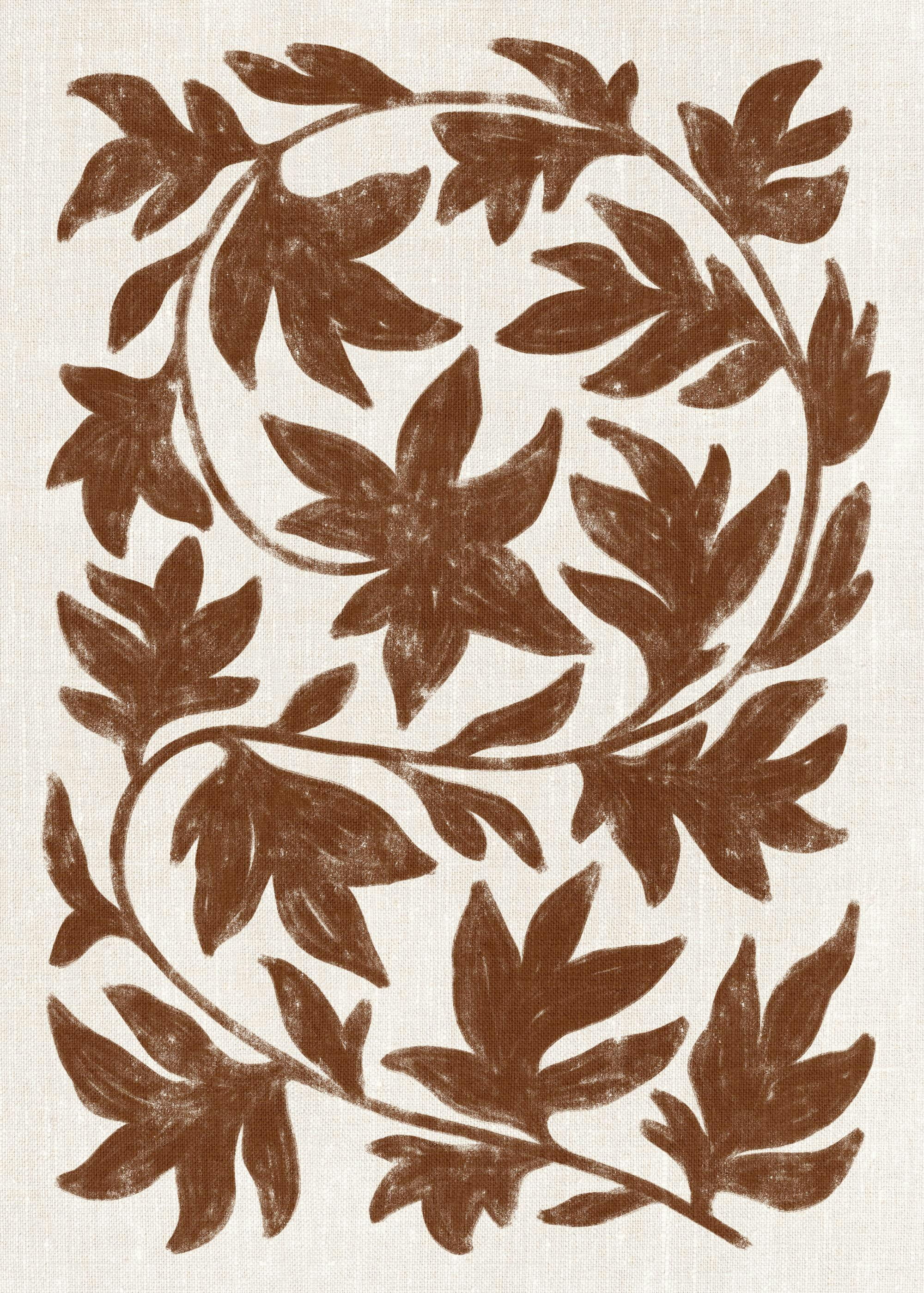 Cirkelvormig patroon van bruine botanische bladeren op een linnen textuur achtergrond, rustieke stijl.