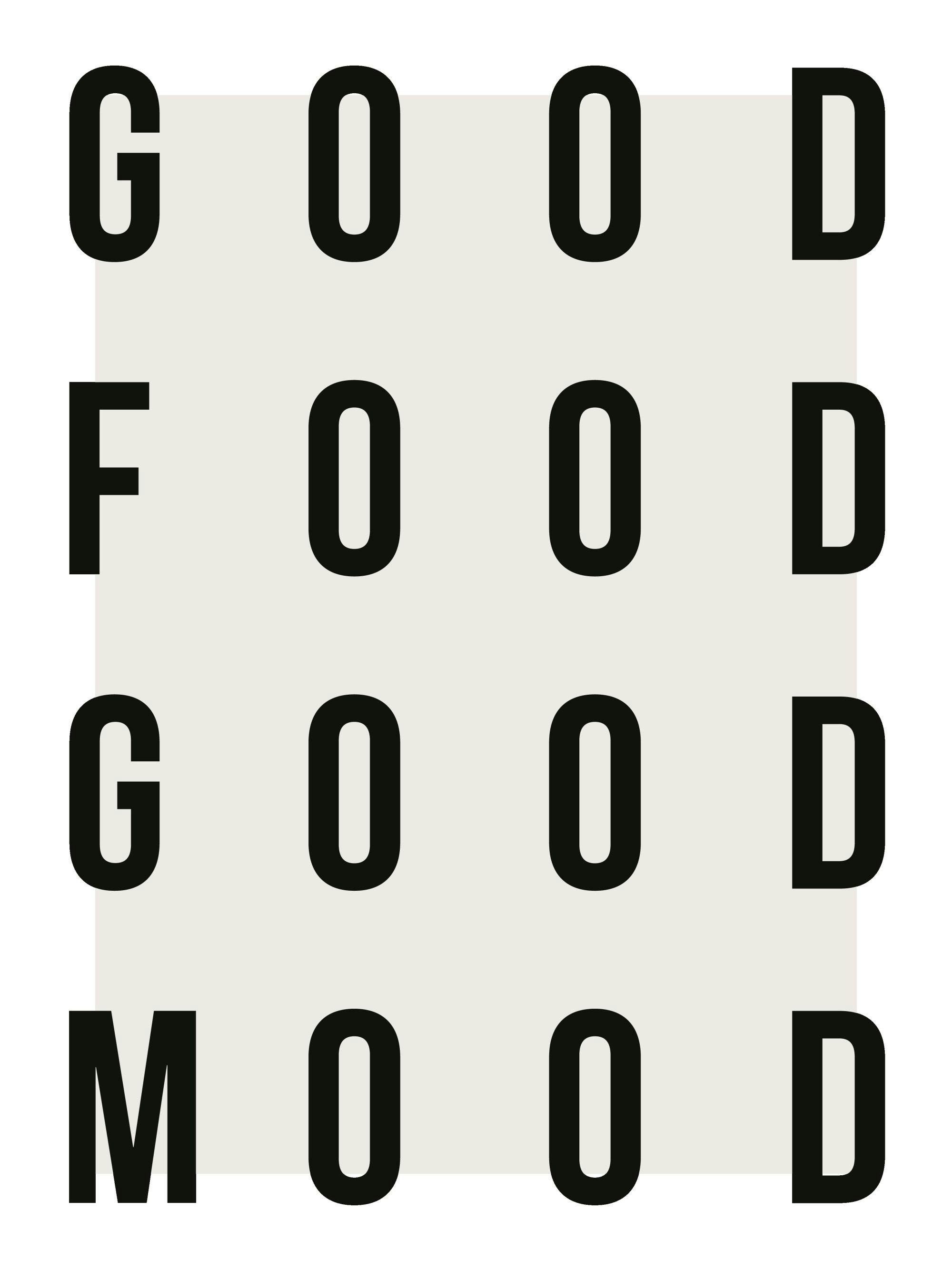 Poster med GOOD FOOD GOOD MOOD i svarta bokstäver på ljusbeige bakgrund, perfekt för kök och matplatser.