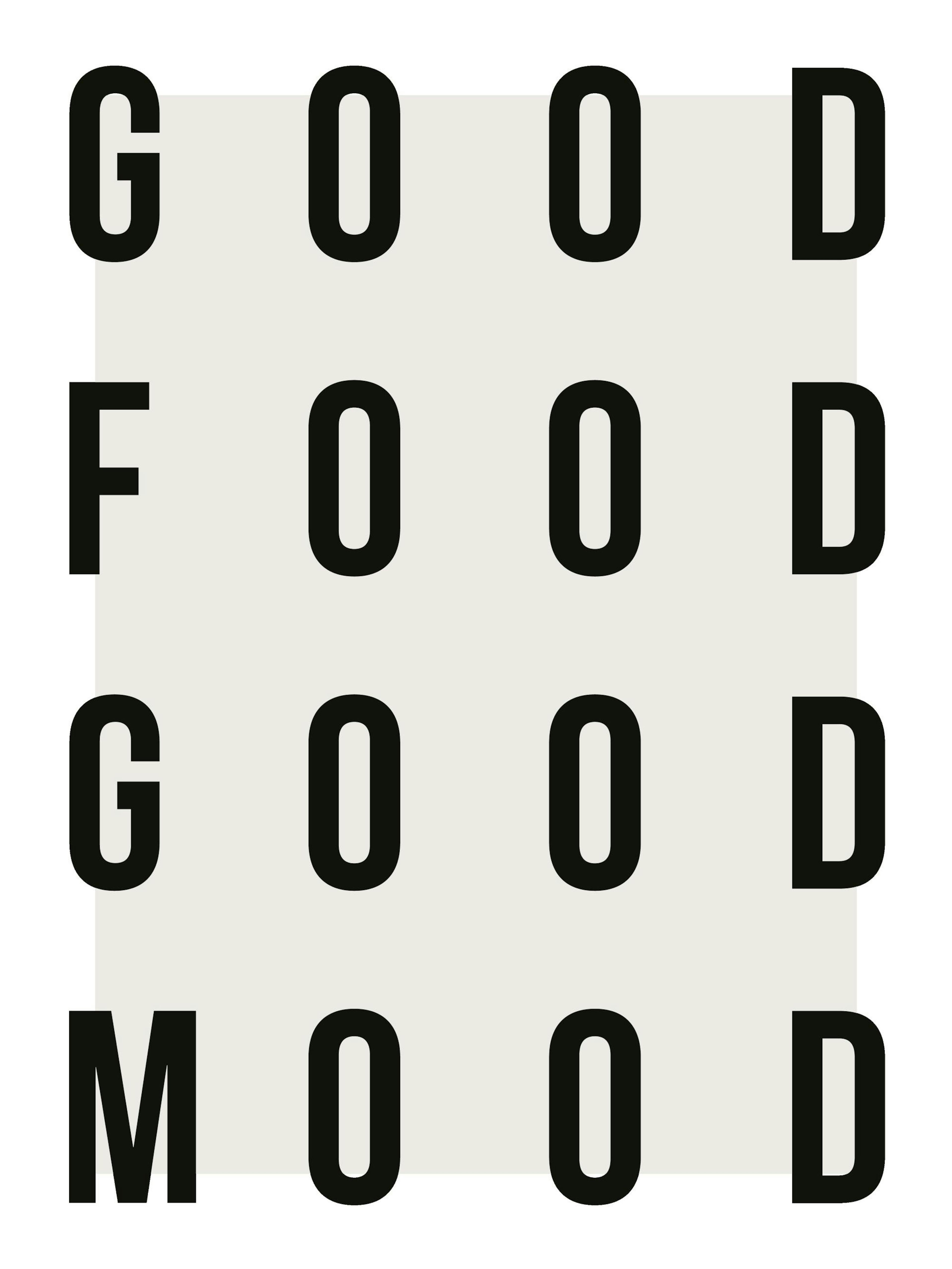 Poster mit GOOD FOOD GOOD MOOD“ in fetten schwarzen Buchstaben auf weißem Hintergrund, Küchenwandkunst.