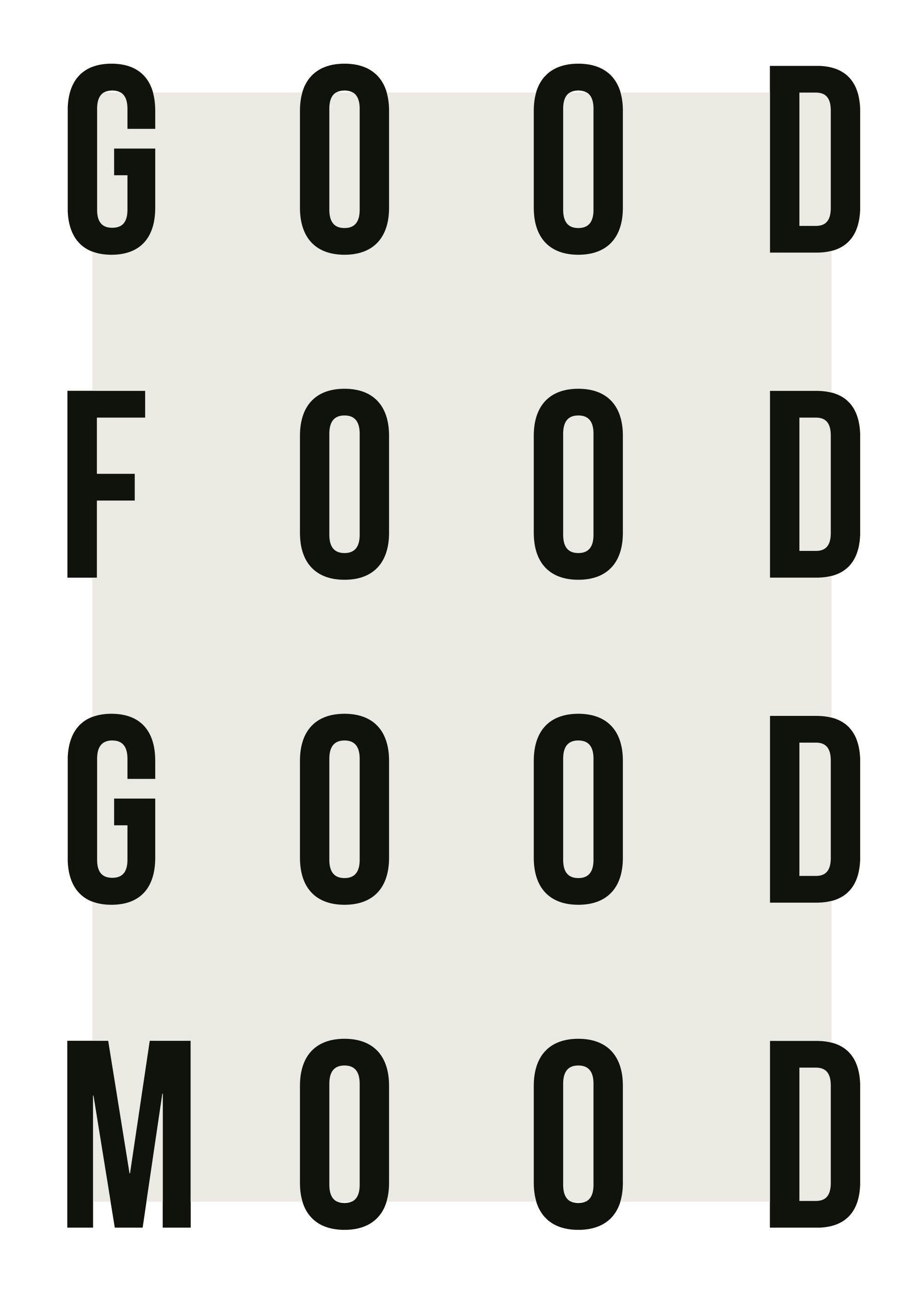 Bold black GOOD FOOD GOOD MOOD text on a beige background, kitchen or dining room poster.