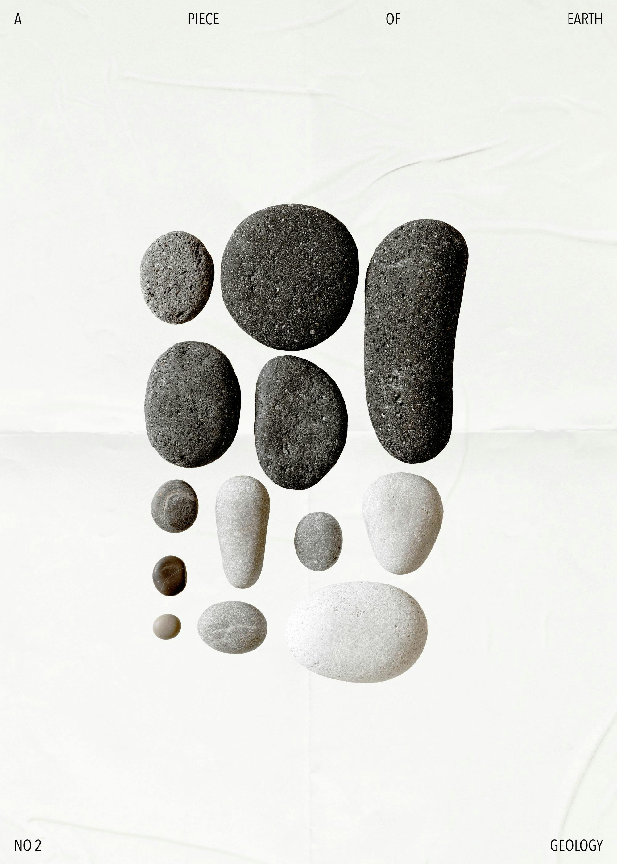 Geologický plakát: sbírka oblázků, šedé a béžové kameny, nápisy A Piece of Earth a No 2 Geology.