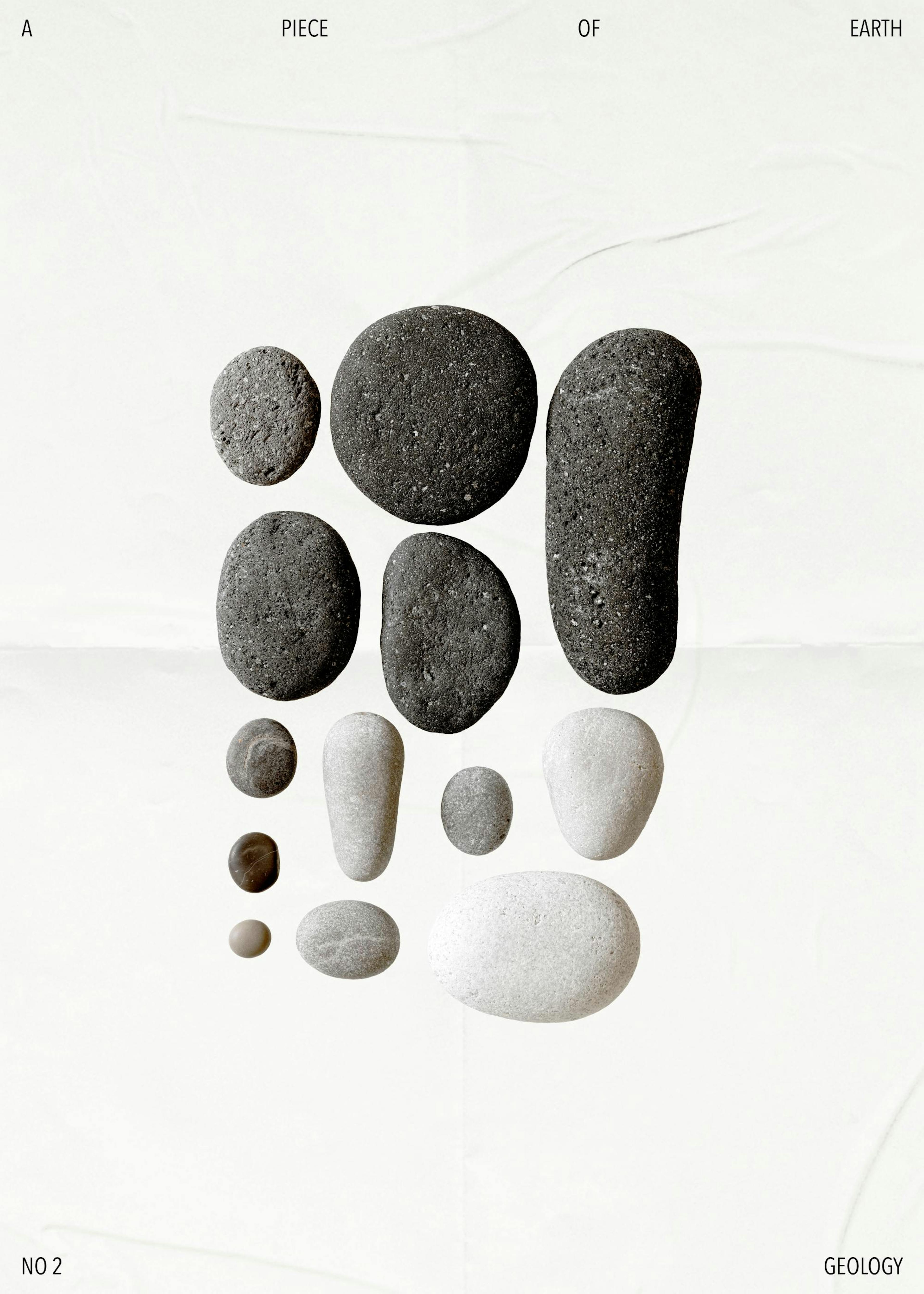 Geology No2 poster features smooth, grey and beige stones arranged on a white background, perfect for nature lovers.