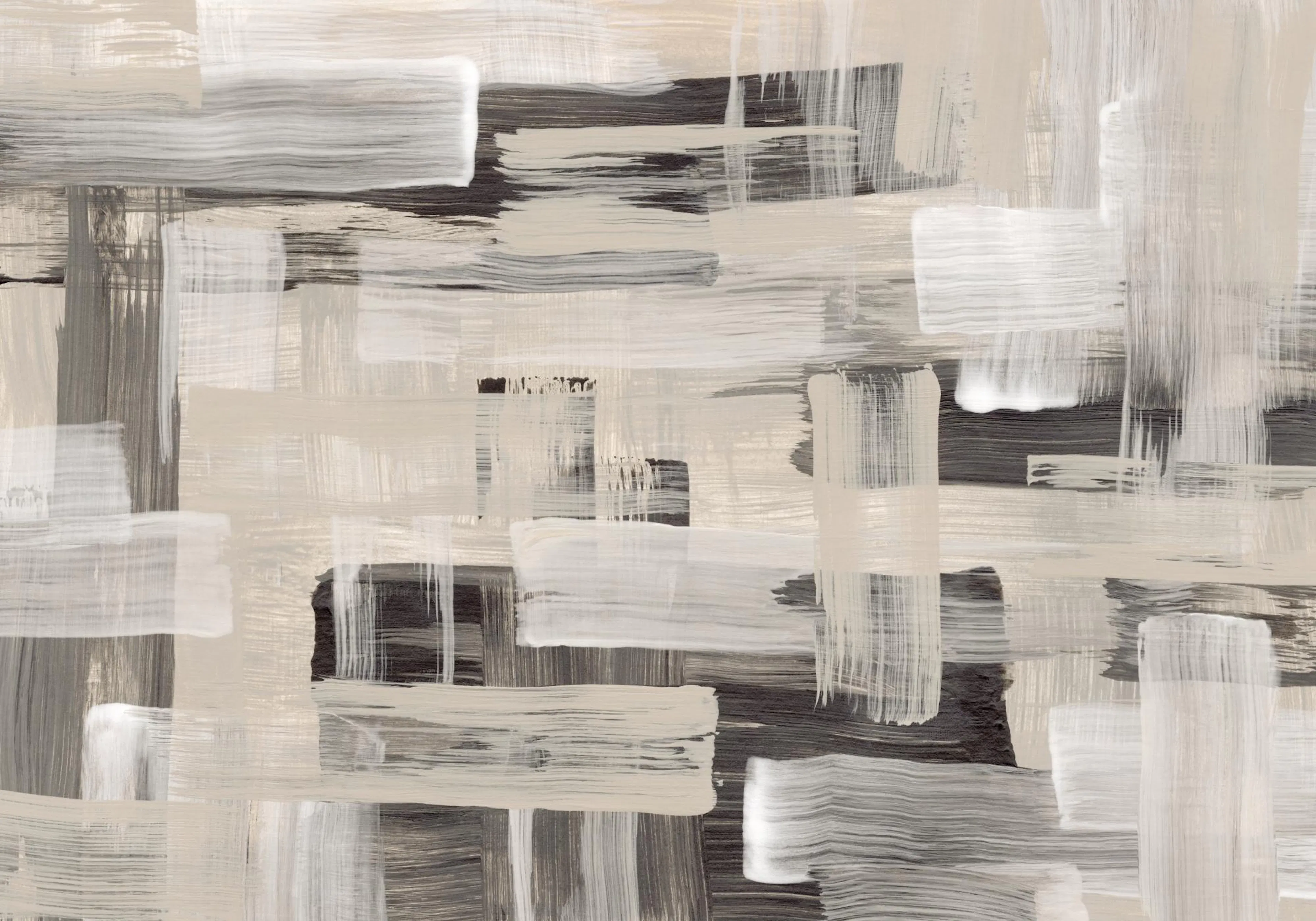 Abstract streaks print with broad brush strokes in light beige, grey, white, and dark brown, creating texture