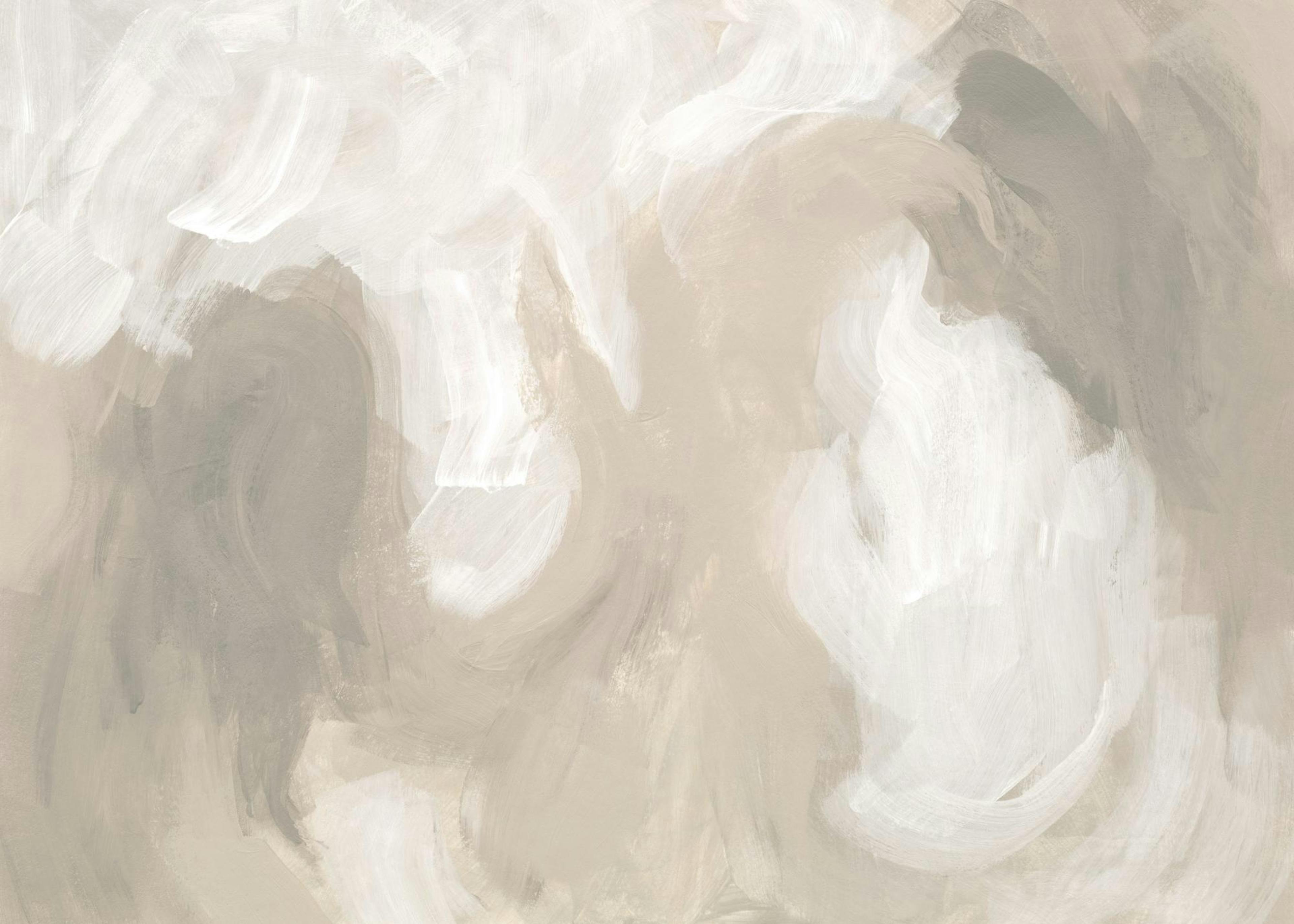 A print with swirling brushstrokes in beige, white, and gray, hanging above a bed with a throw blanket and book.