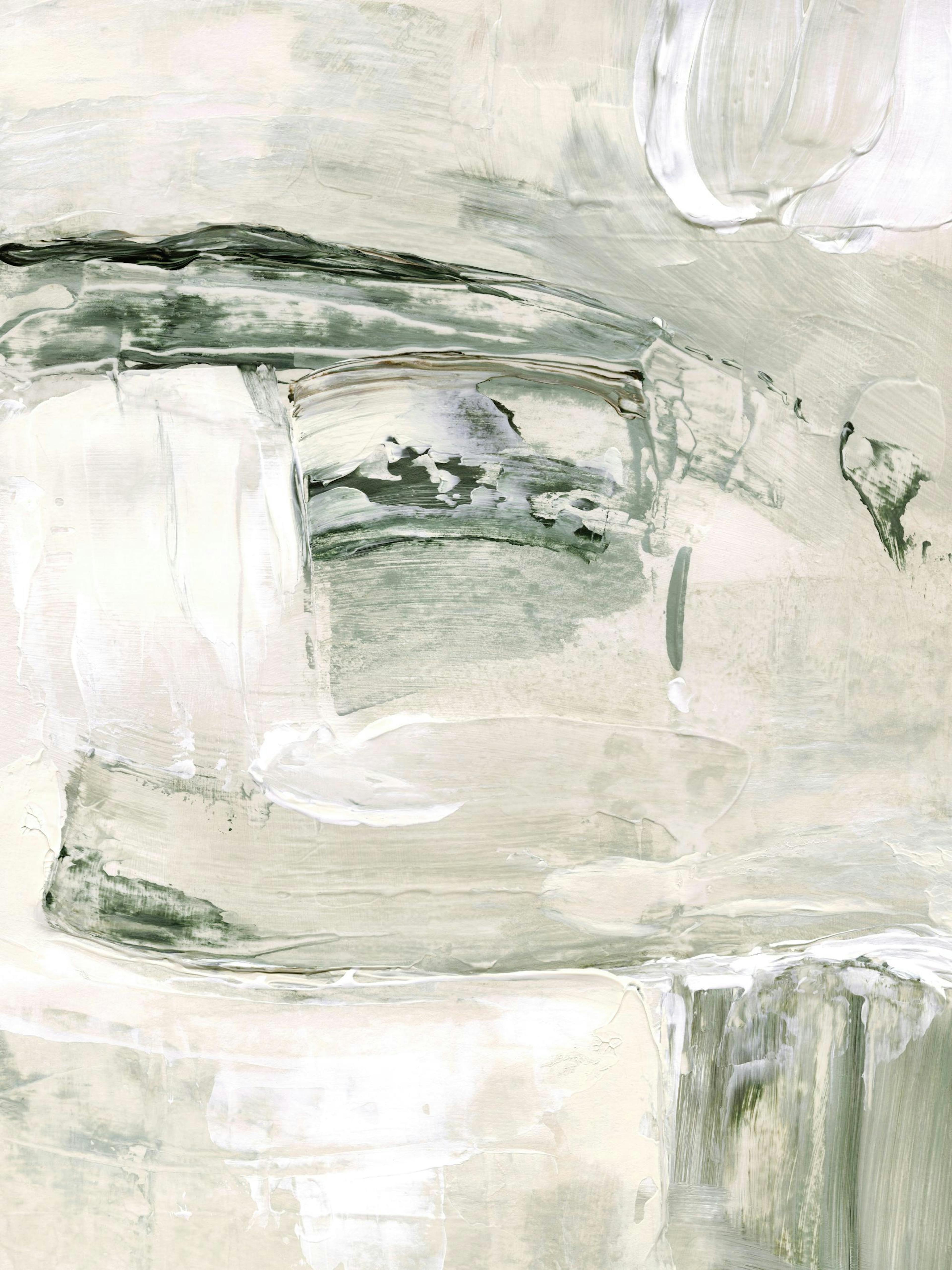 Poster met groen-witte en beige penseelstreken, een zachte abstracte kunstprint met natuurlijke, rustgevende vormen.