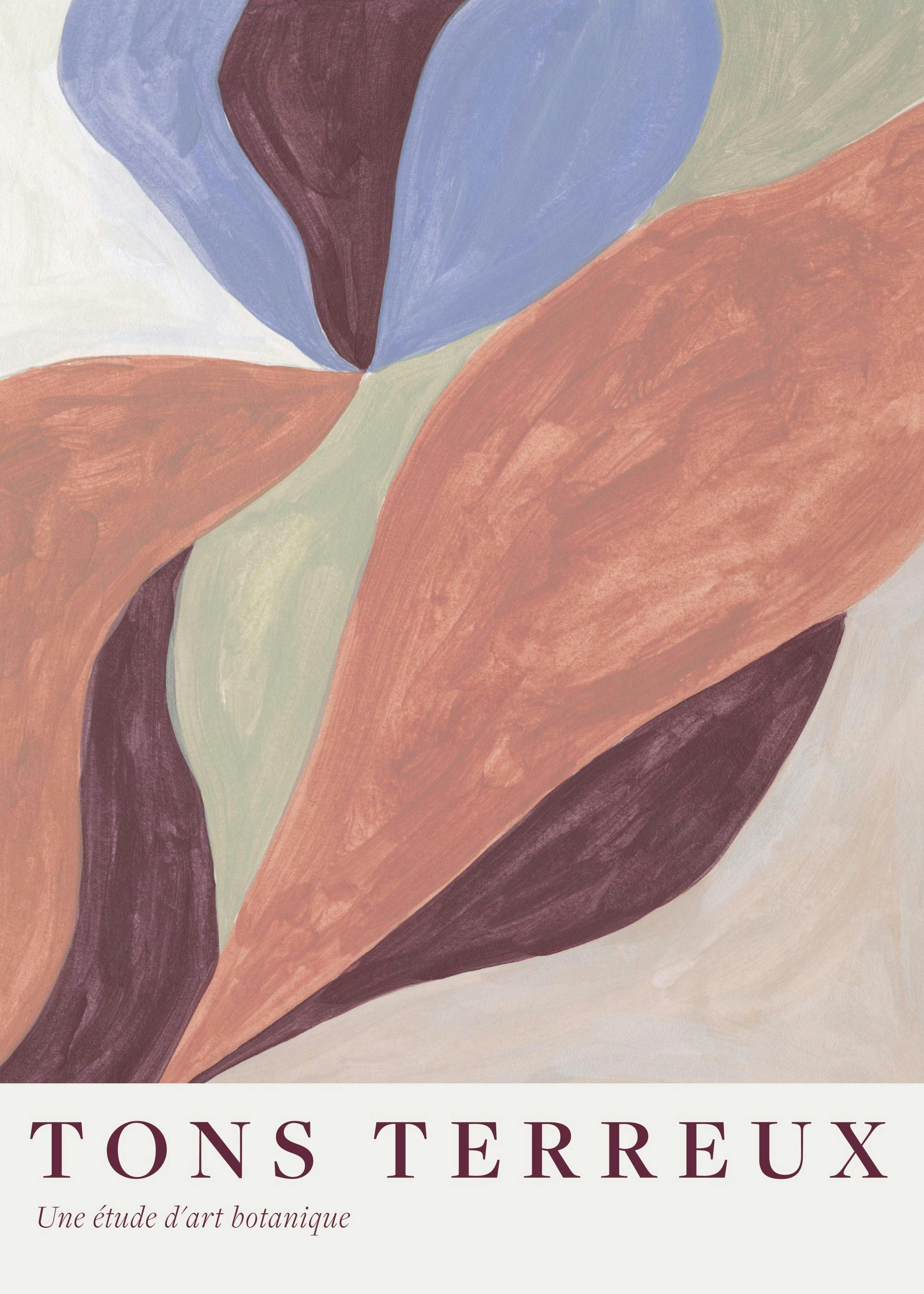 Abstraktný plagát Tons Terreux No2 s hladkými krivkami v modrej, hnedej a zelenej farbe, pripomínajúci botanické umenie.