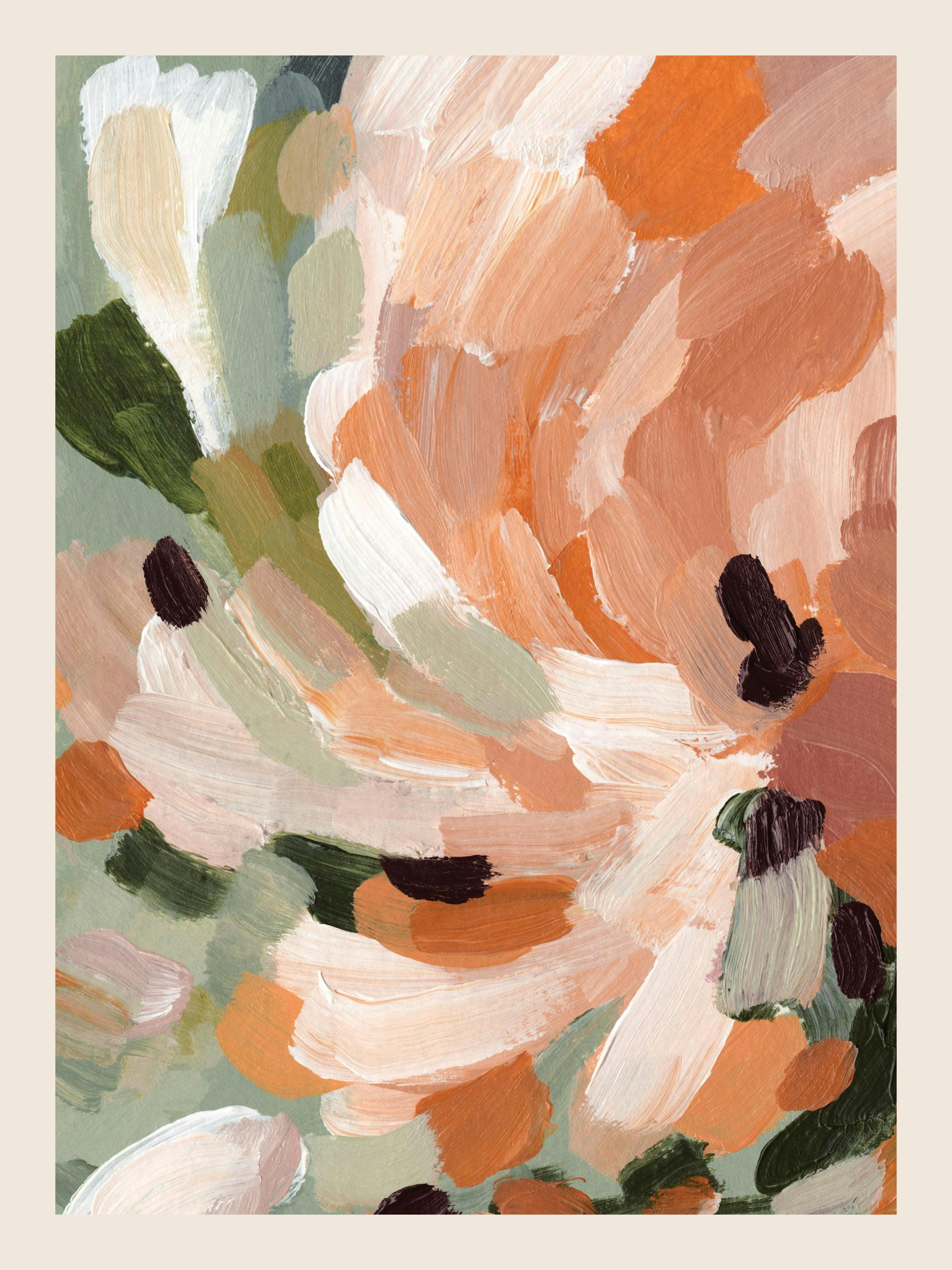 Abstract floral poster with soft brushstrokes in green, orange, white, beige, and black, layered texture
