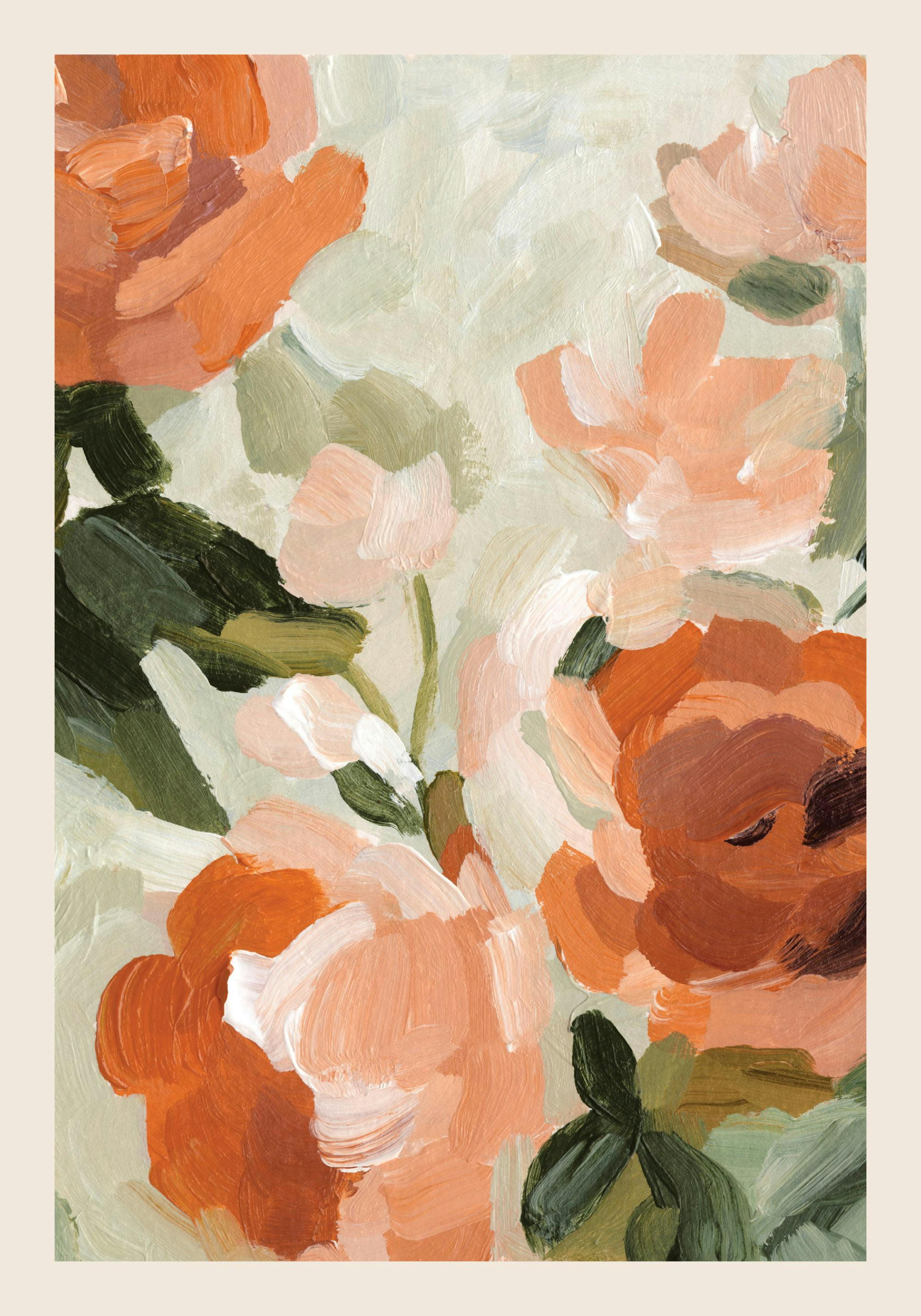 Affiche Toile florale abstraite aux fleurs rustiques orange, pêche et blanc avec des feuilles vertes, effet typographie brossée.