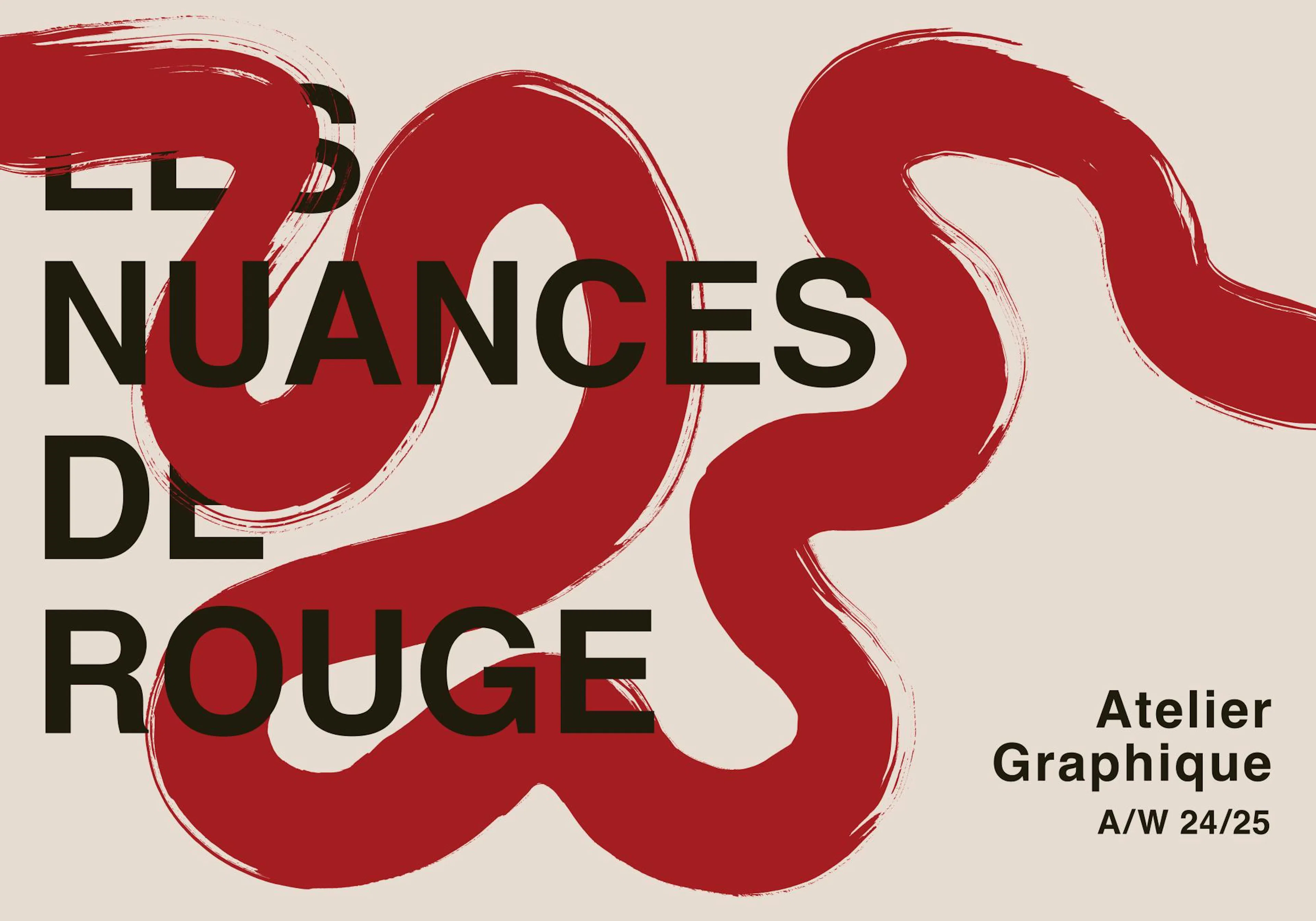 Plakat med røde penselstrøg og teksten Les Nuances de Rouge på lys beige baggrund, modern kunst.