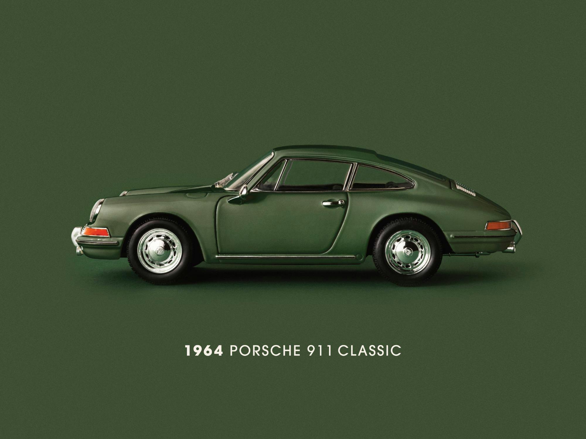 Grön 1964 Porsche 911 sportbil i sidovy på grön bakgrund, med glänsande detaljer, klassisk bil, fordon.