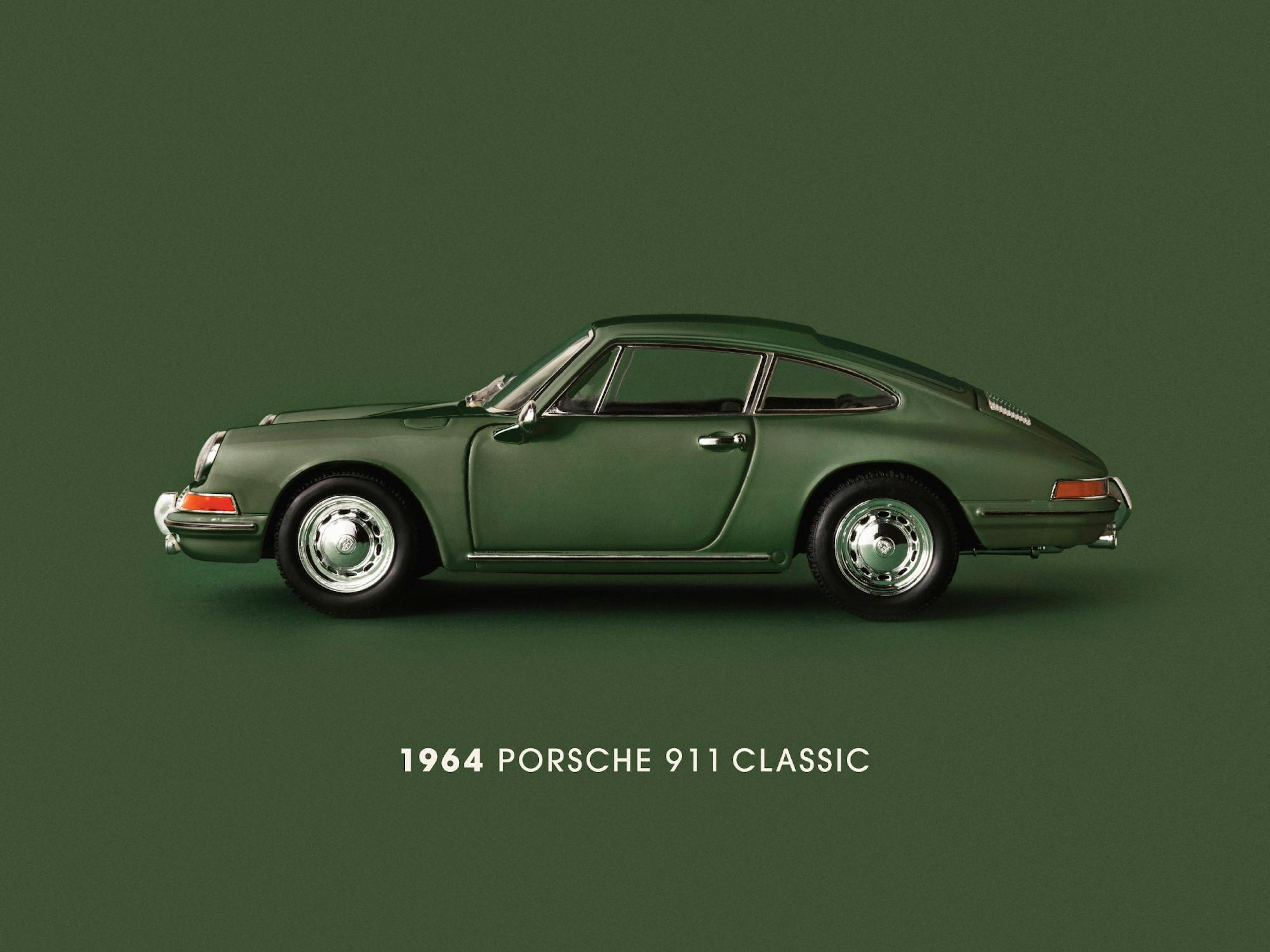 Zelený klasický plakát Porsche 911 z roku 1964, boční pohled.