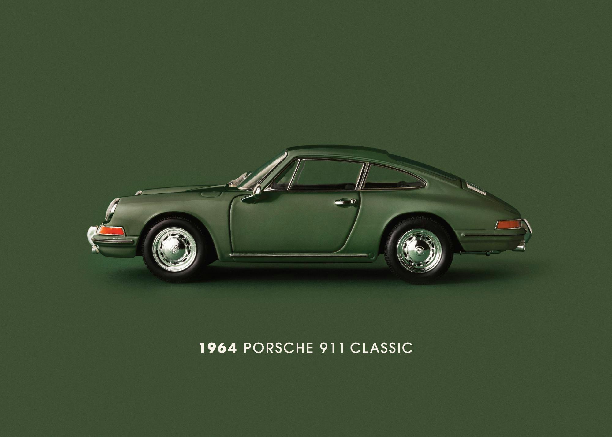 Green 1964 Porsche 911 classic sports car against a dark green background, perfect for car enthusiasts.