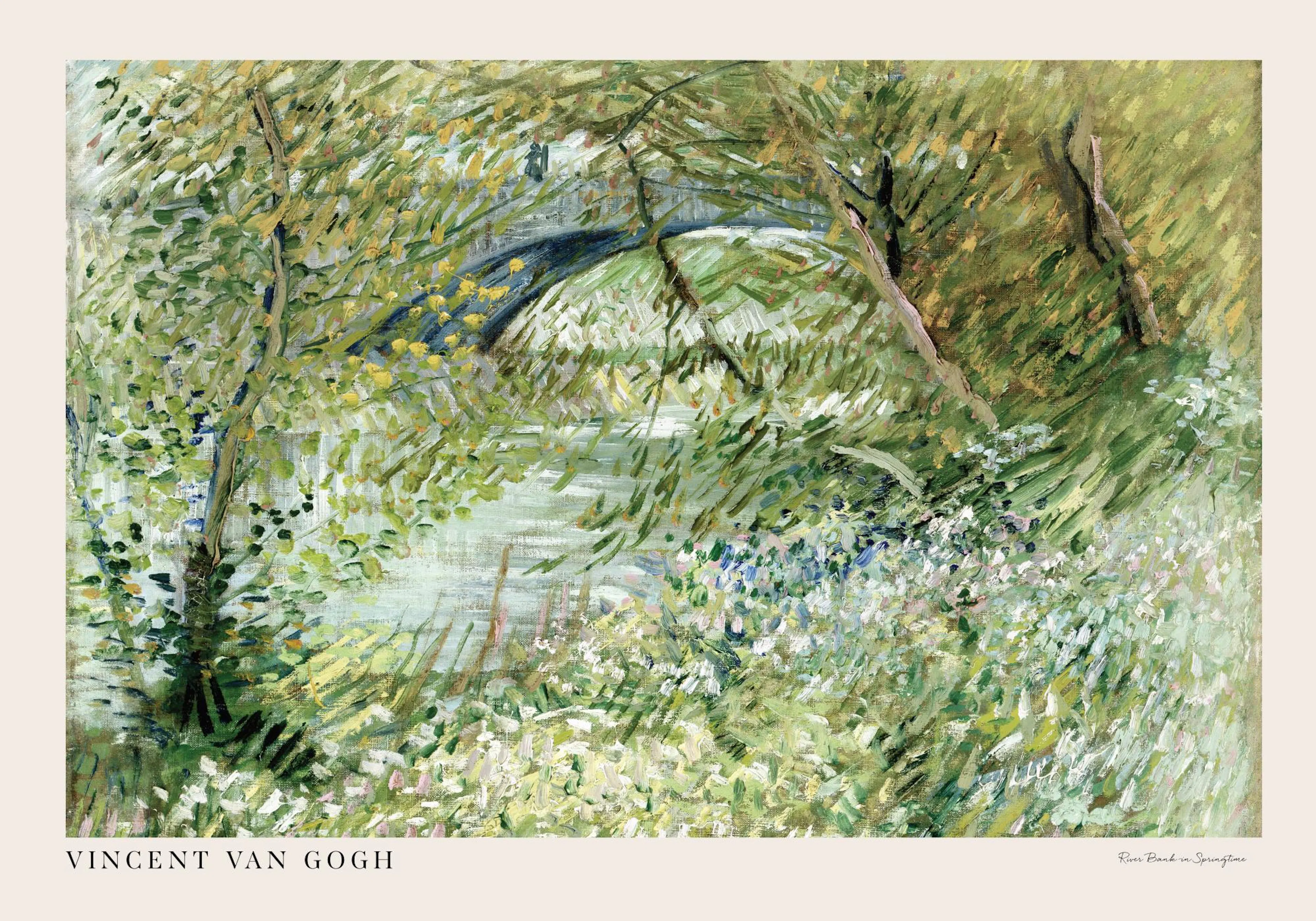 Van Goghs River Bank in Springtime, a vibrant green landscape painting with a bridge over water and thick brushstrokes.