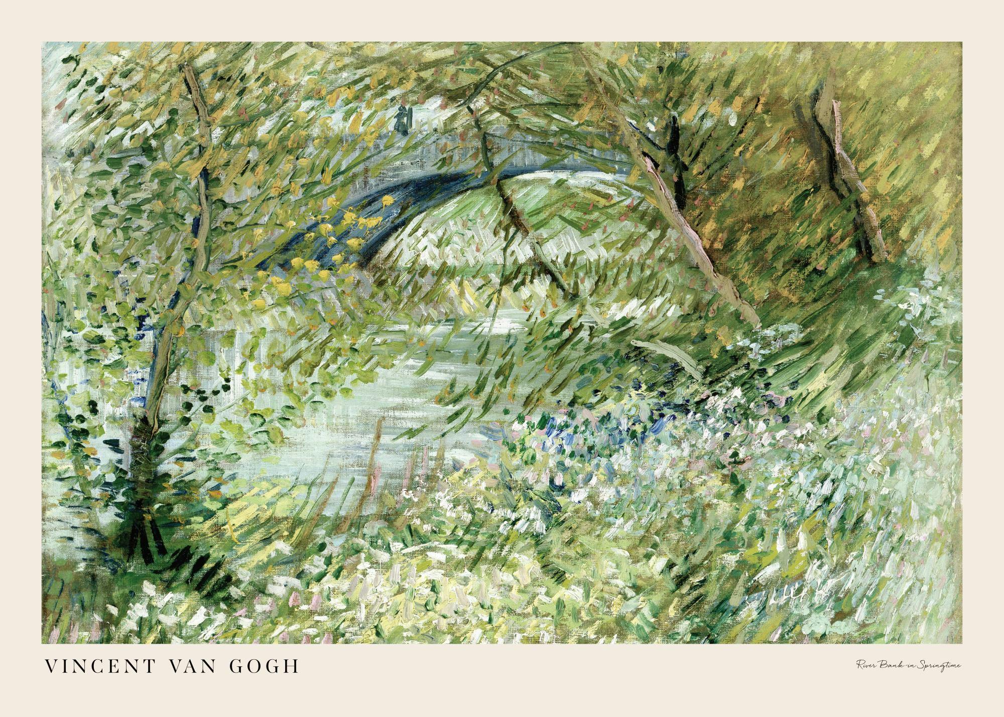 Van Goghs River Bank in Springtime landscape print, a green nature poster with a bridge over water.