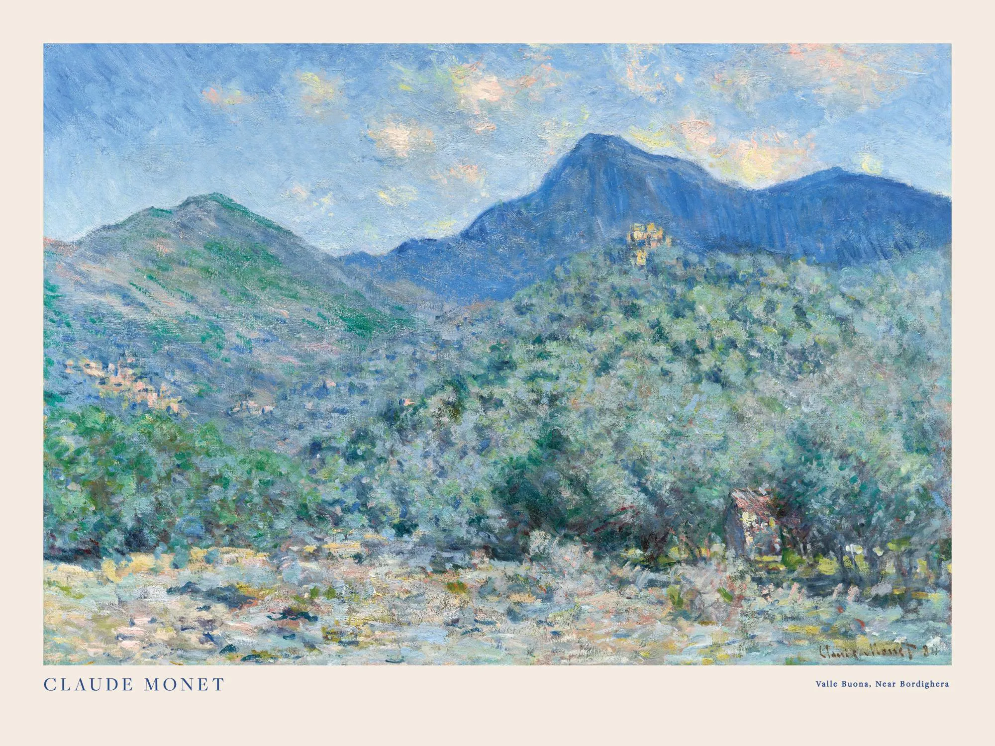 Monet, Valle Buona, nära Bordighera, landskapsposter med blå berg och frodiga gröna träd under en molnig himmel.