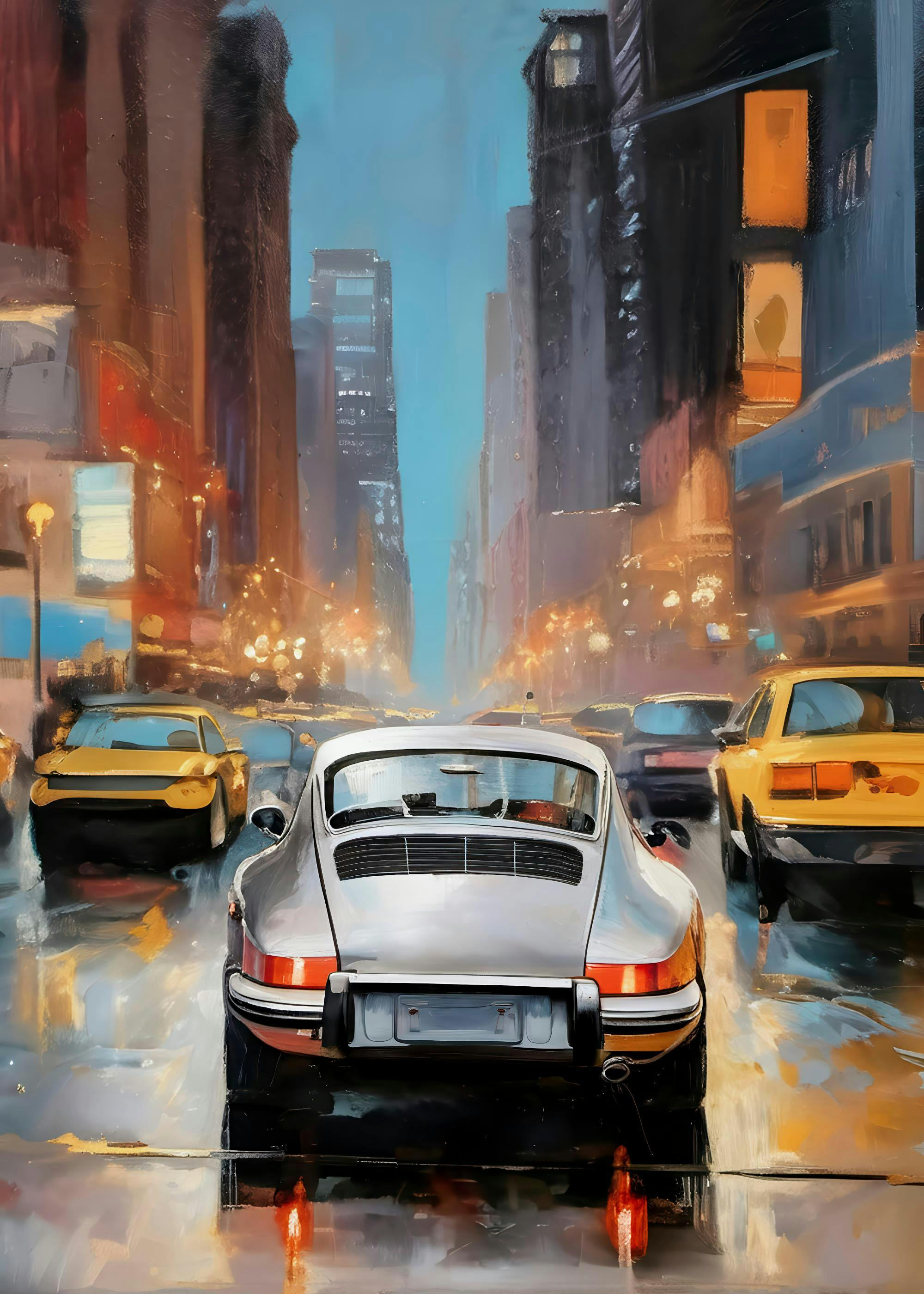 Urban night scene with silver car on wet street, colorful reflections, city buildings, yellow taxis, vibrant modern art.