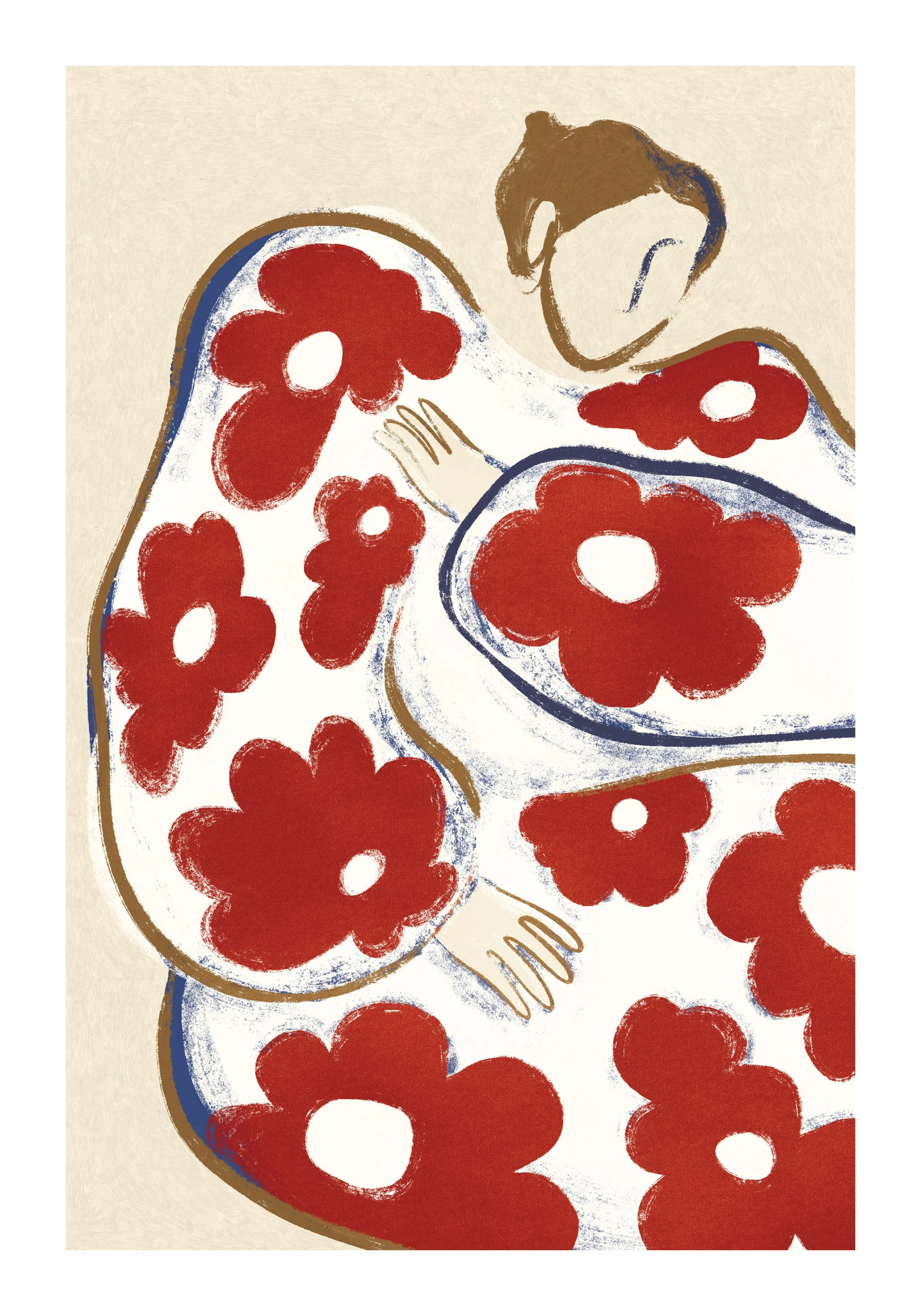 A print of a person in a white and red floral dress, embracing themselves with hands visible on the left side.