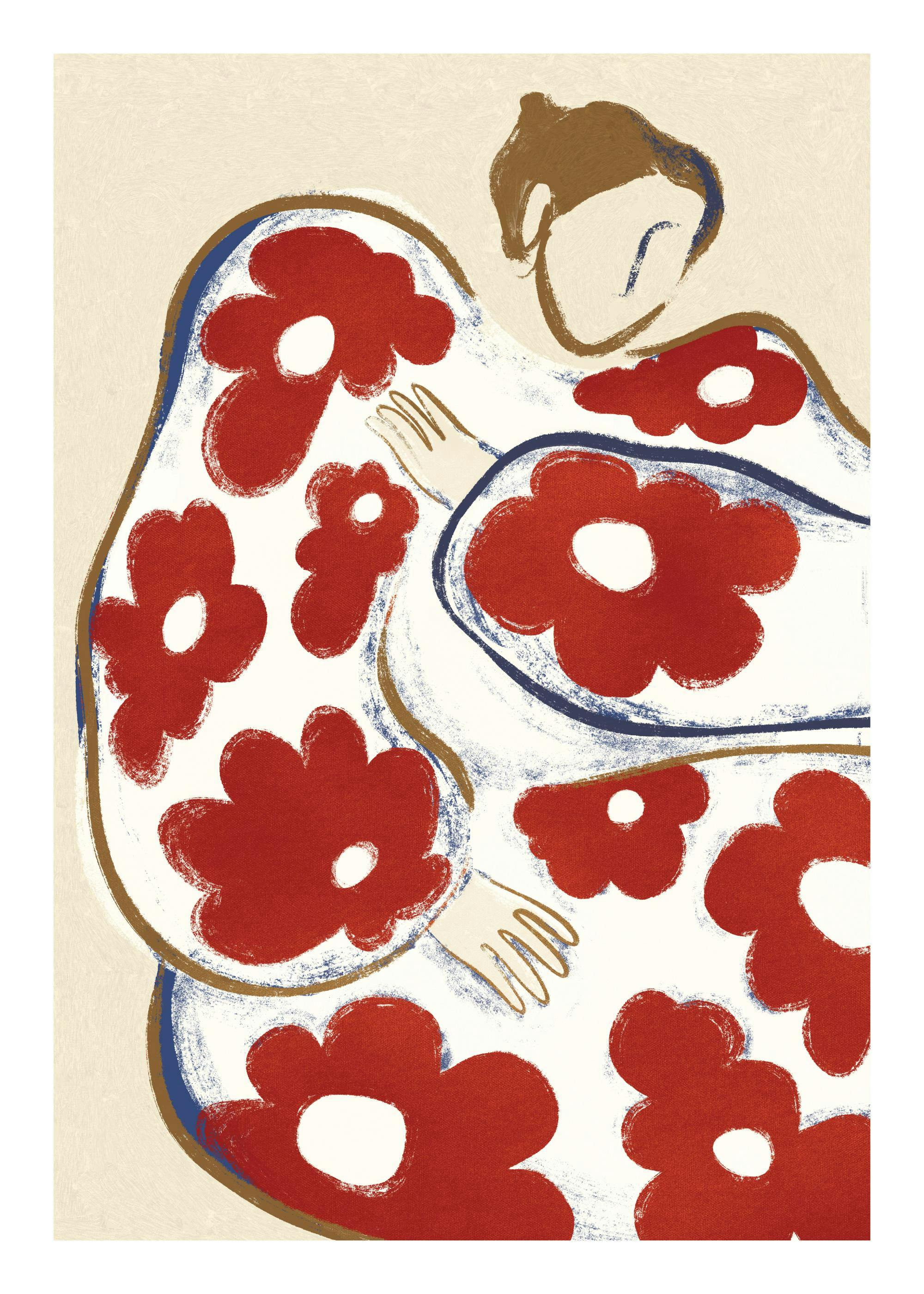 A print of a person in a white and red floral dress, abstractly embracing themself, with textured brushstrokes.