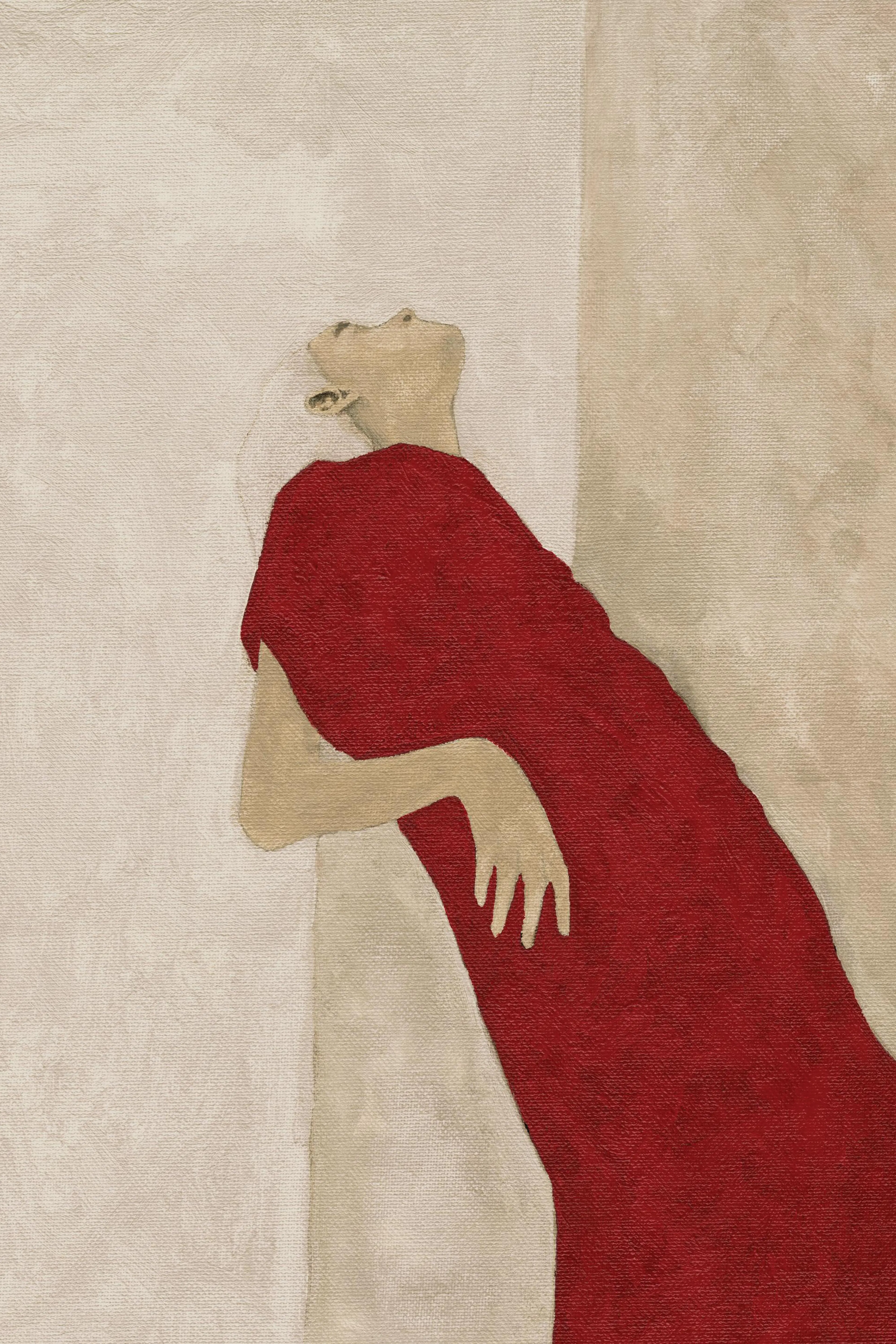 Póster de una figura abstracta con rostro beige y cuerpo rojo intenso, reclinada sobre un fondo neutro.