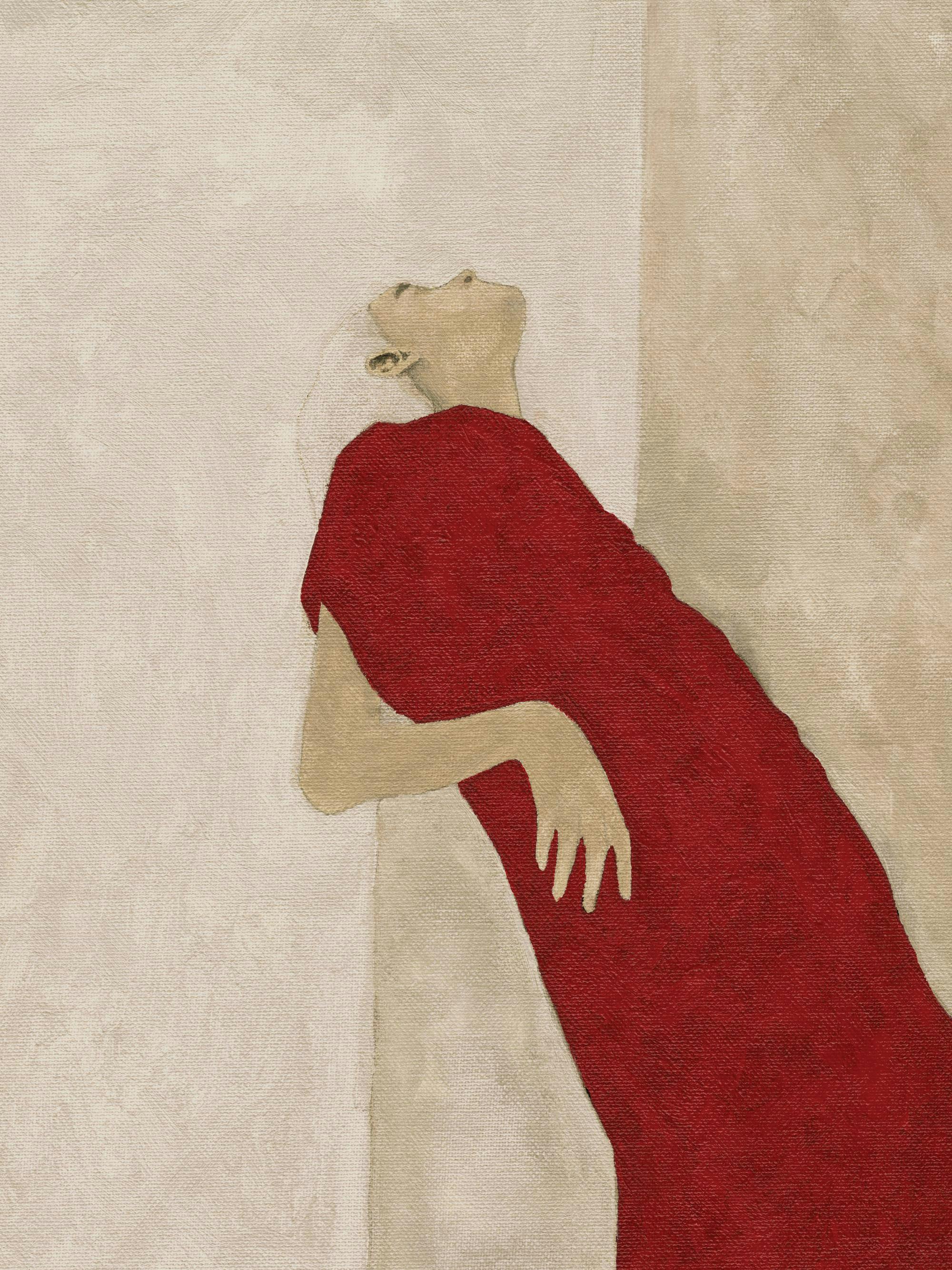 Poster: Eine Frau in rotem Gewand mit zurückgelegtem Kopf, die sich an eine Wand lehnt.