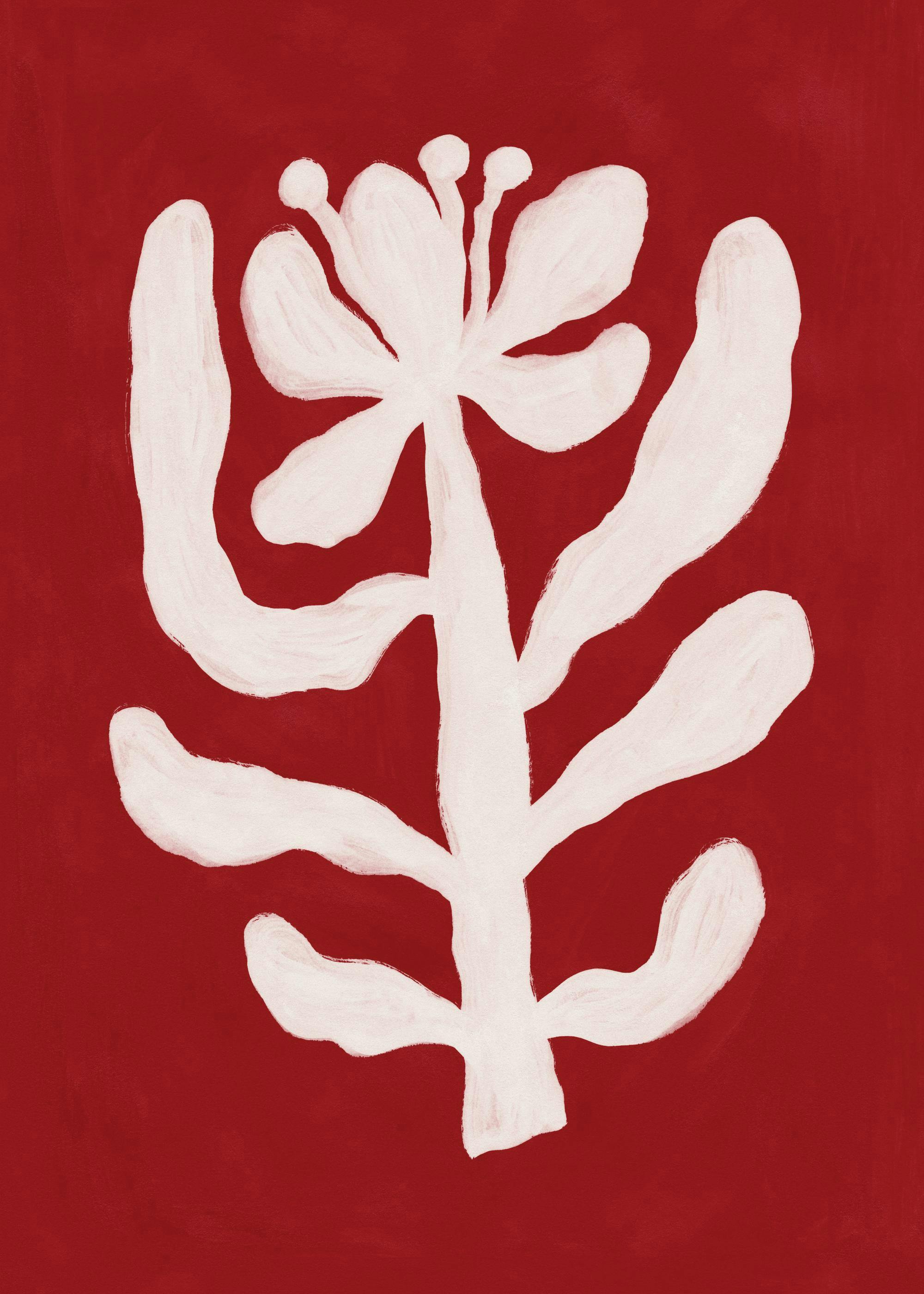 Affiche dune fleur abstraite blanche aux pétales arrondis sur un fond rouge foncé.