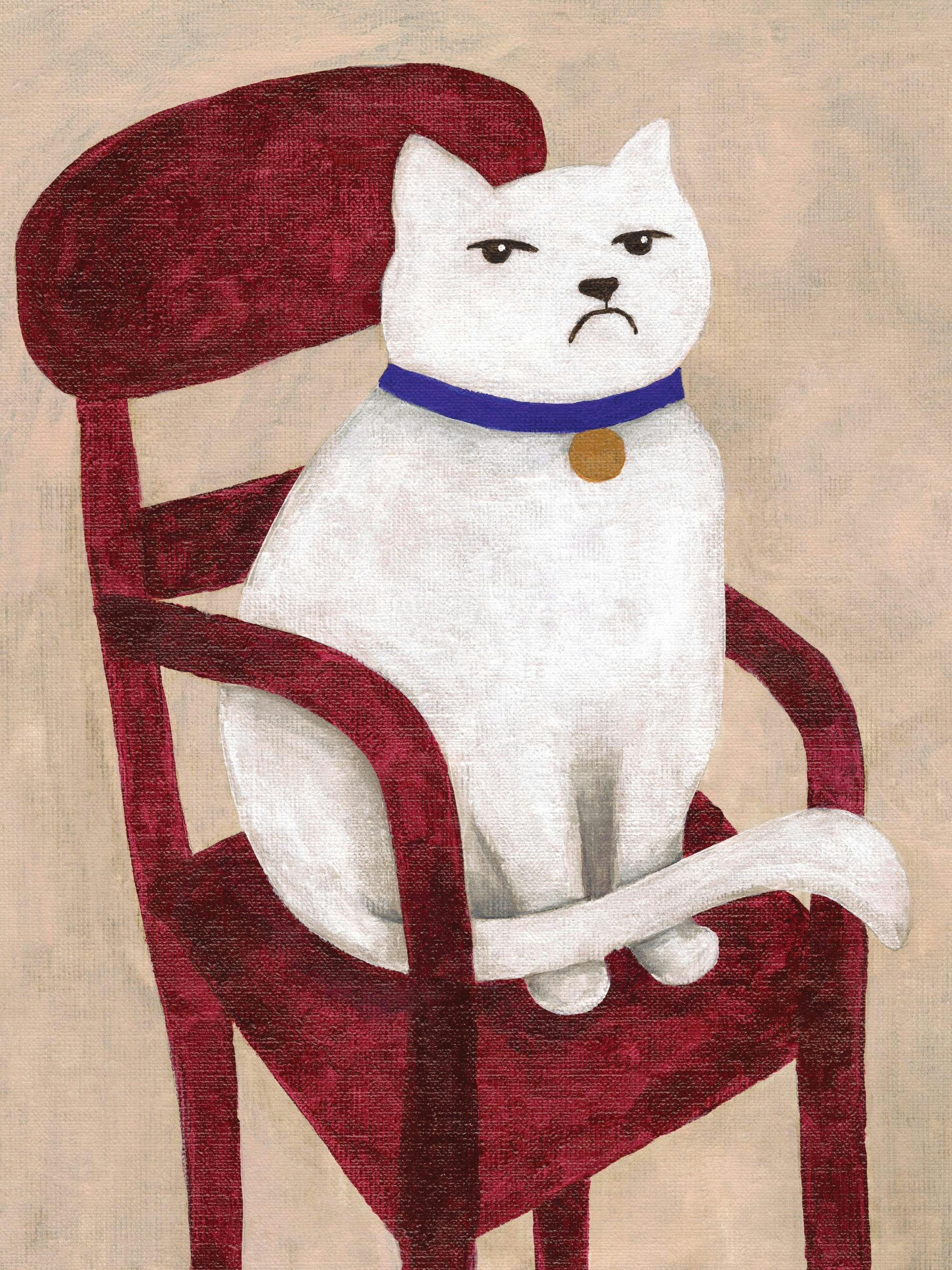 En poster som föreställer en grinig vit katt med blått halsband och guldbricka, sittandes på en röd stol.