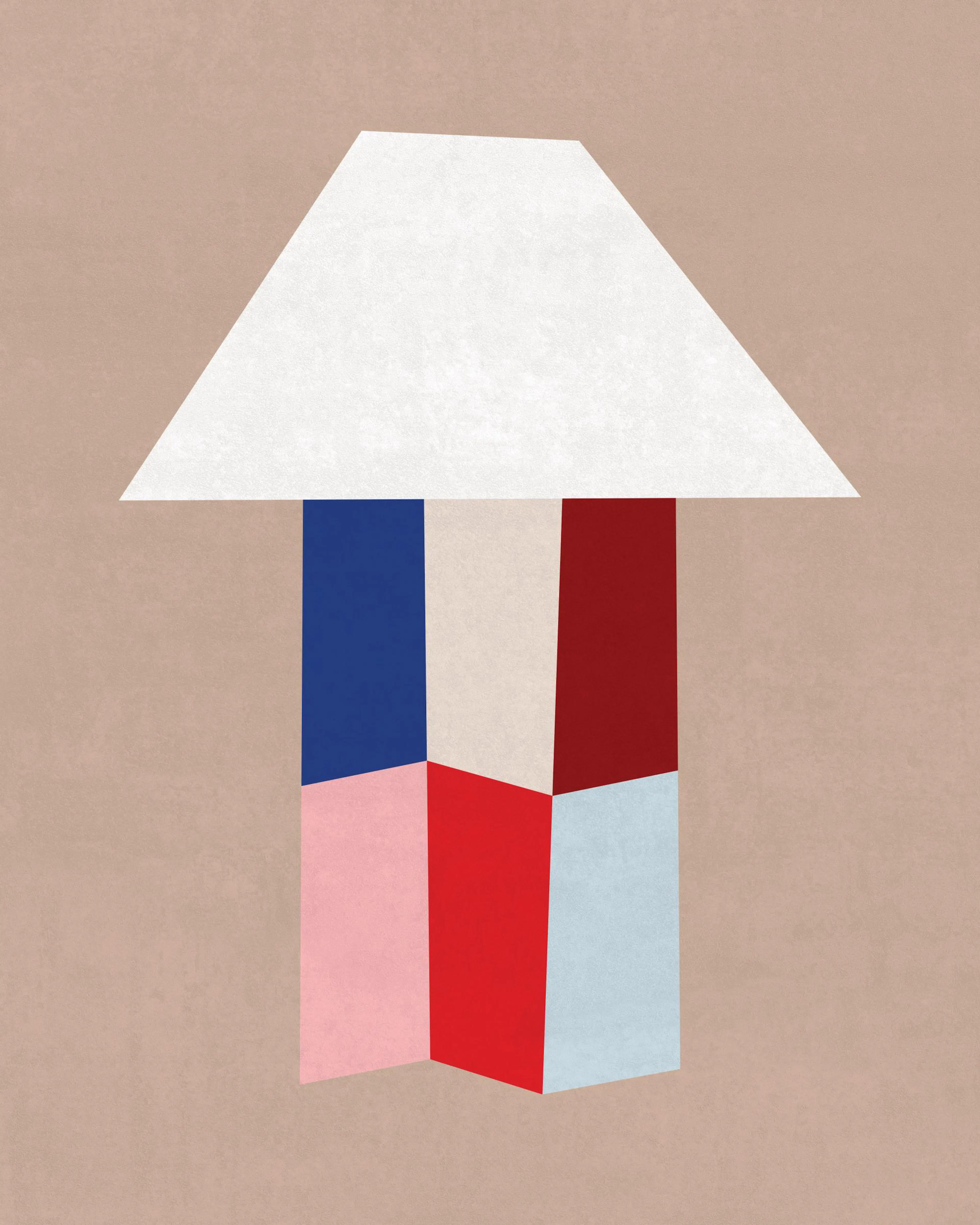 A print of a white abstract shape over a block of blue, beige, red, pink, and light blue geometric shapes on a brown background.