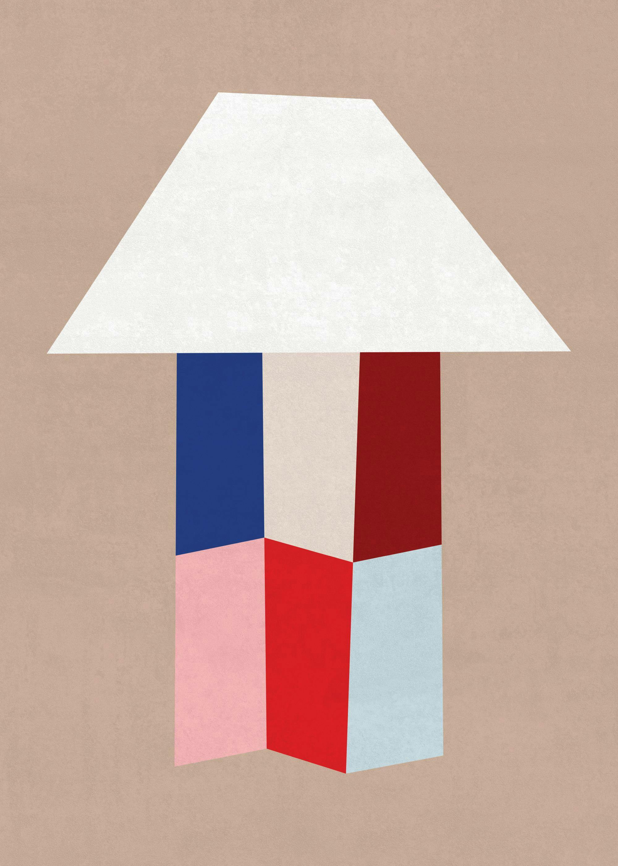 Poster: Geometrische Abstraktion mit weißem Dreieck über farbigen Rechtecken in Blau, Beige, Rot, Rosa und Hellblau auf beigem H