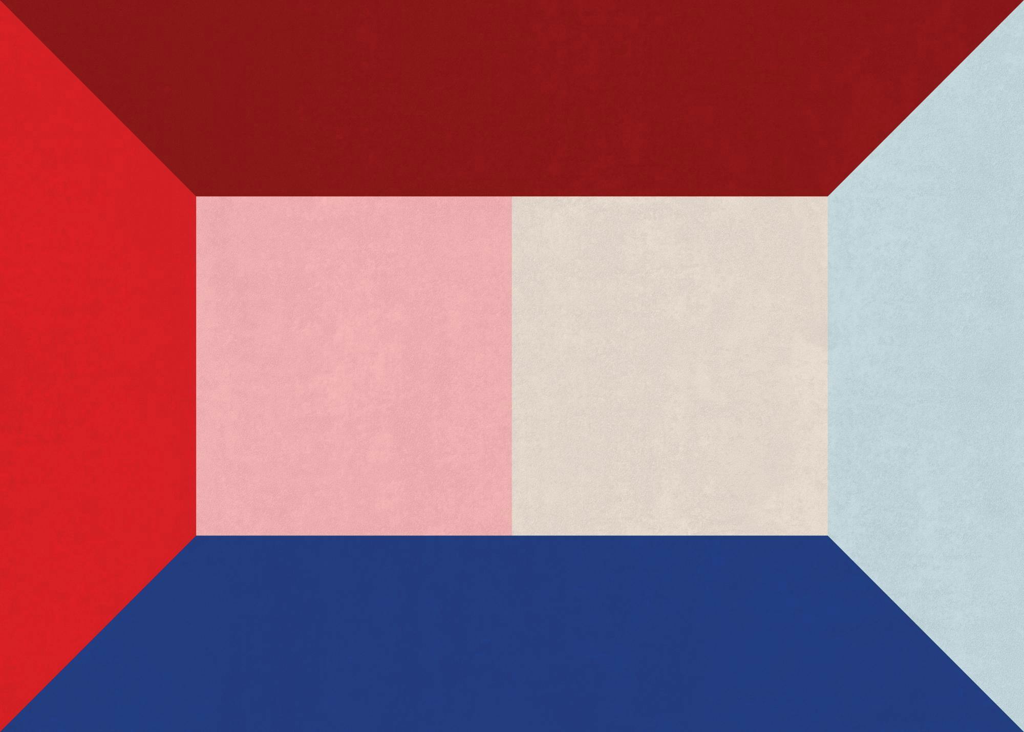 Poster mit geometrischen Formen in Rot, Blau, Rosa, Beige und Hellblau, die einen 3D-Effekt erzeugen.