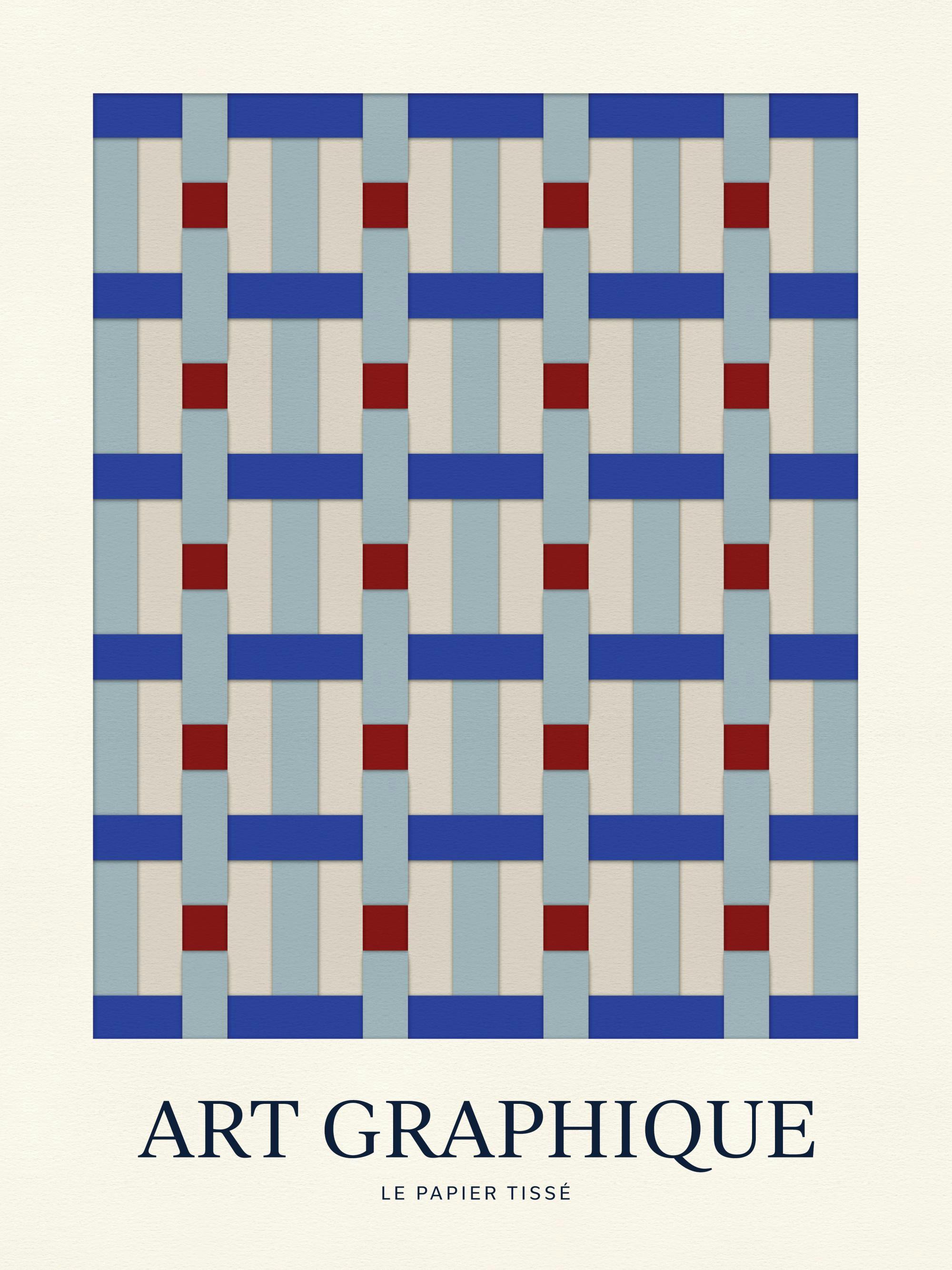 En poster med ett grafiskt mönster av vävda ränder i blått, ljusblått, beige och röda fyrkanter.