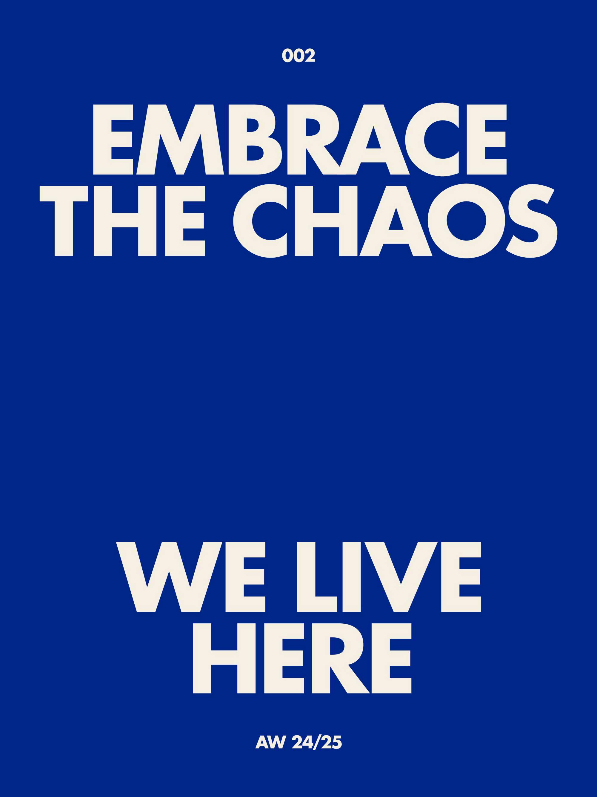 En poster med texten EMBRACE THE CHAOS och WE LIVE HERE i vitt på en blå bakgrund. Numret 002 och texten AW 24/25 visas också.