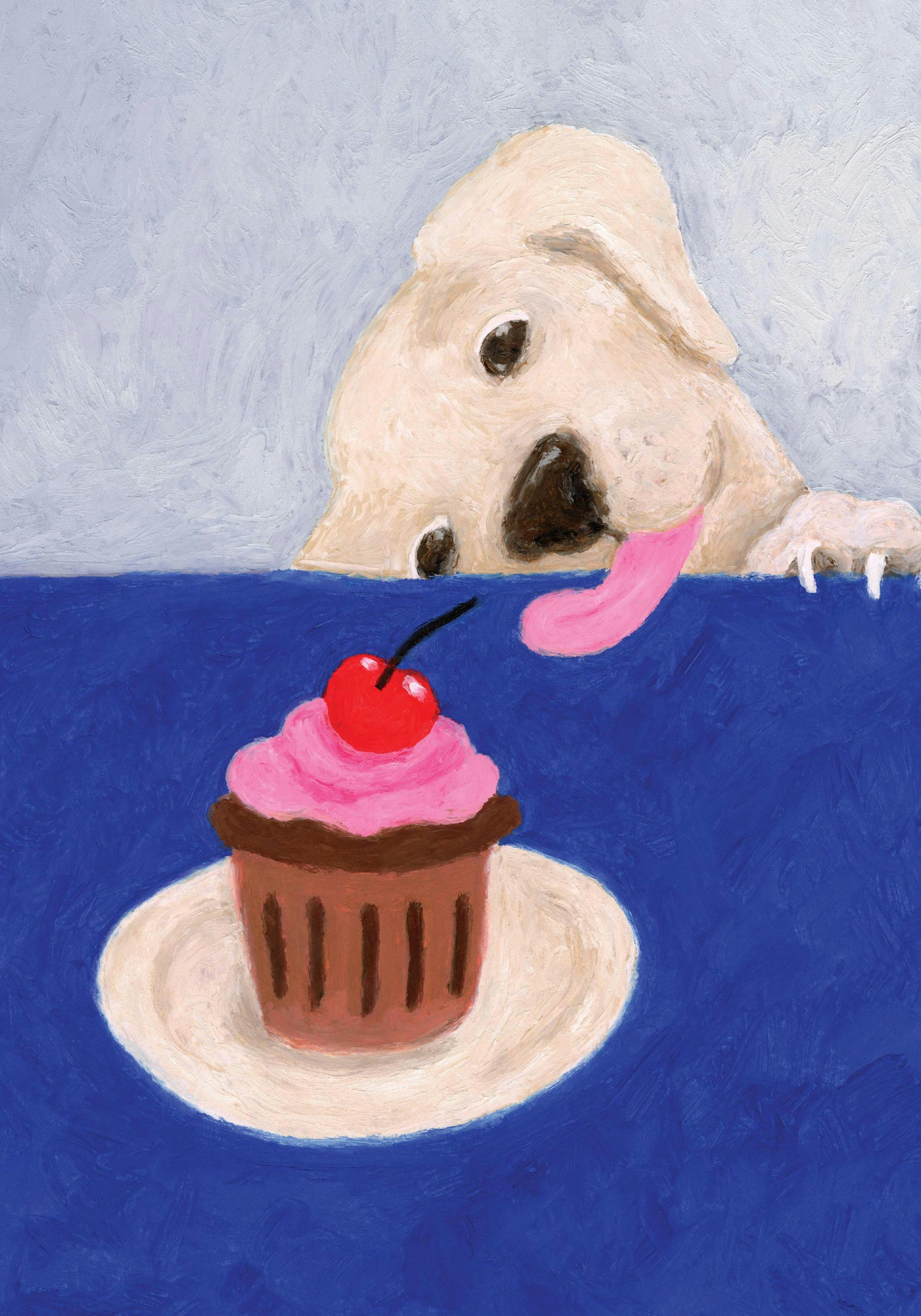 En poster som föreställer en hundvalp som sträcker sig med tungan mot en cupcake med rosa glasyr och rött körsbär.