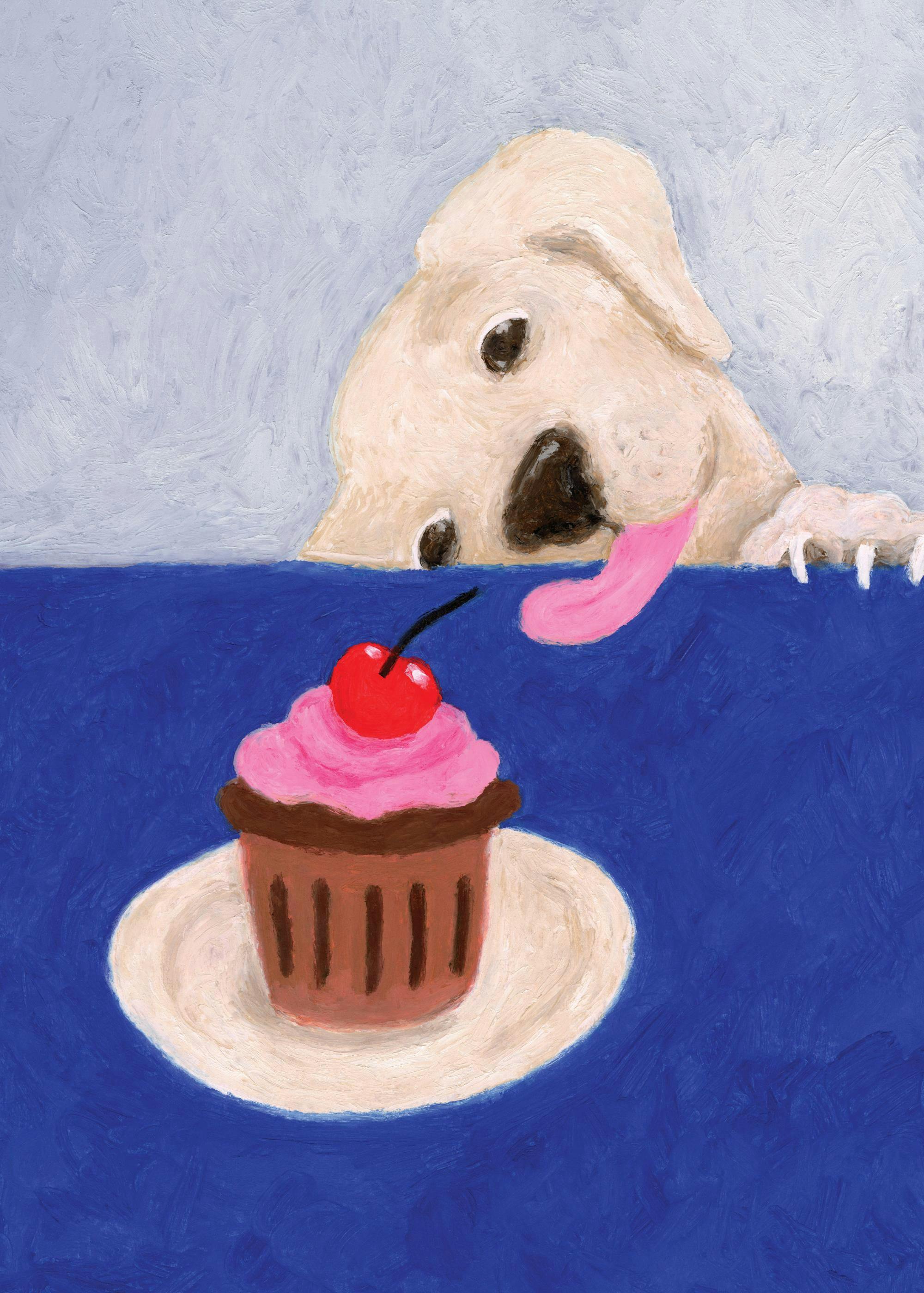 A cute dog print with a golden retriever looking at a cupcake with pink frosting and a cherry, ready to lick it.