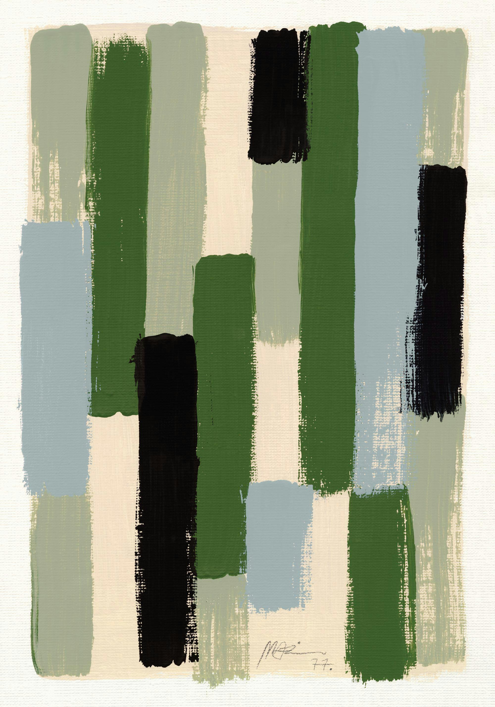En poster med vertikala penseldrag i nyanser av grön, beige, ljusblå och svart på en ljus bakgrund.