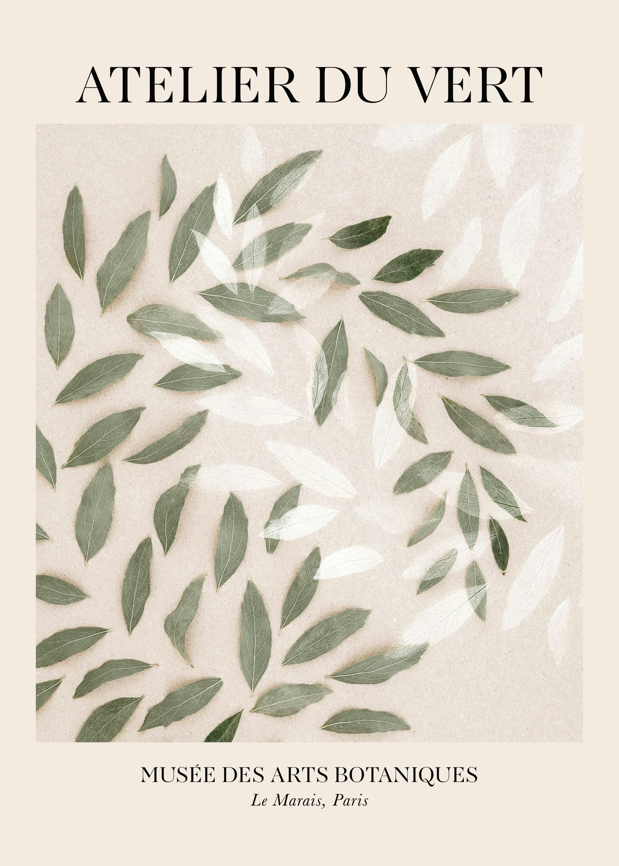 A botanical print with scattered green and white leaves on a light beige background, with text ATELIER DU VERT.