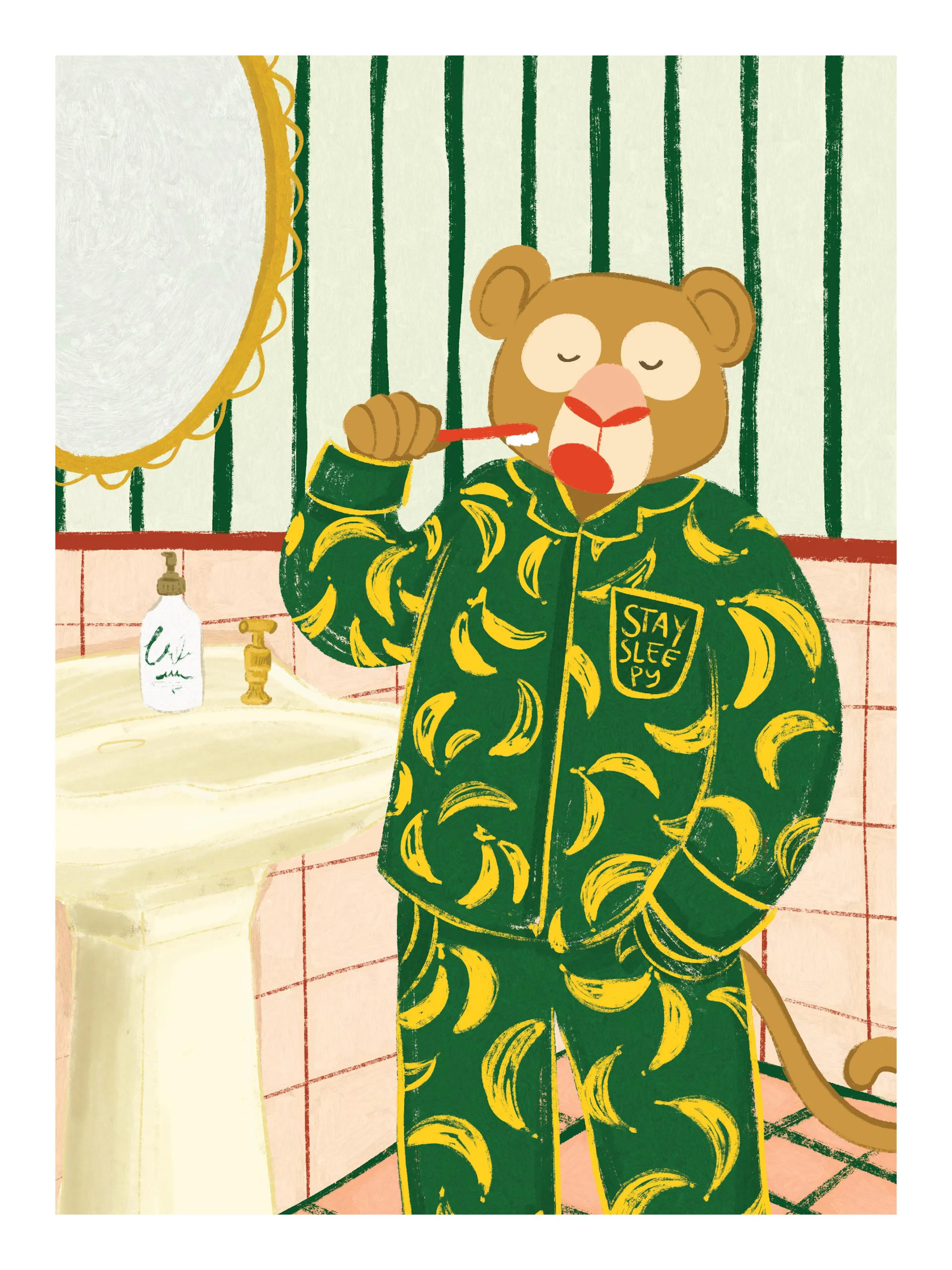 A colorful print of a cartoon monkey in green banana pajamas brushing its teeth at a bathroom sink.