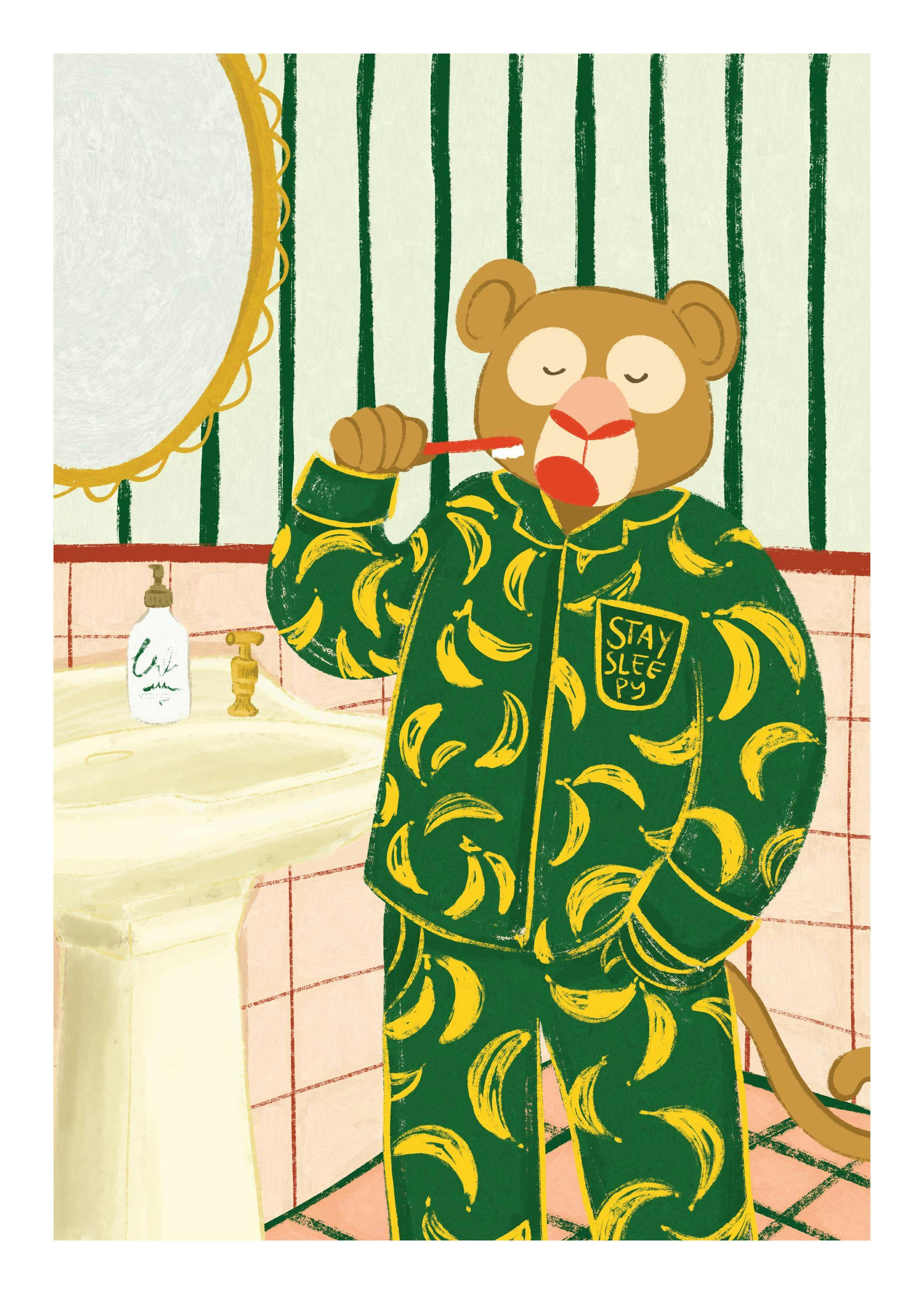 Poster: Ein schlafender Affe in grünem Pyjama mit Bananenmuster putzt sich vor einem Spiegel die Zähne.