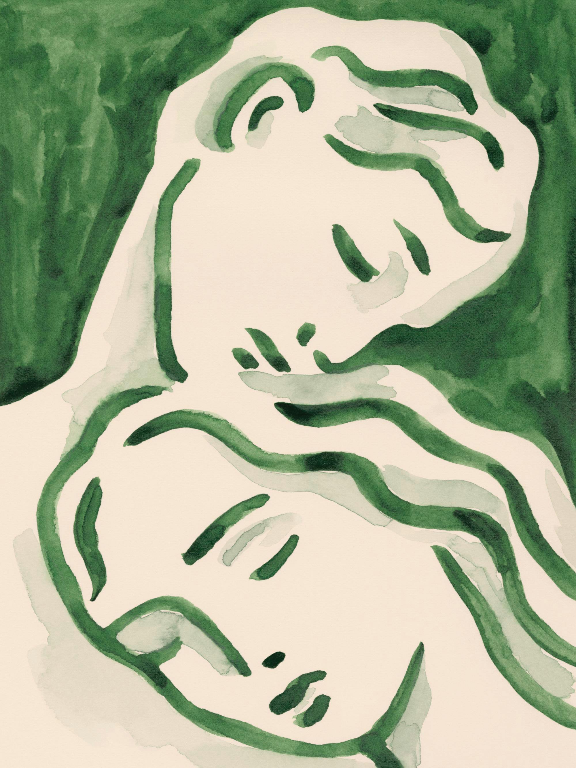 Poster med två ansikten i grön nyans, mot en ljus bakgrund. Det övre ansiktet lutar mot det undre.