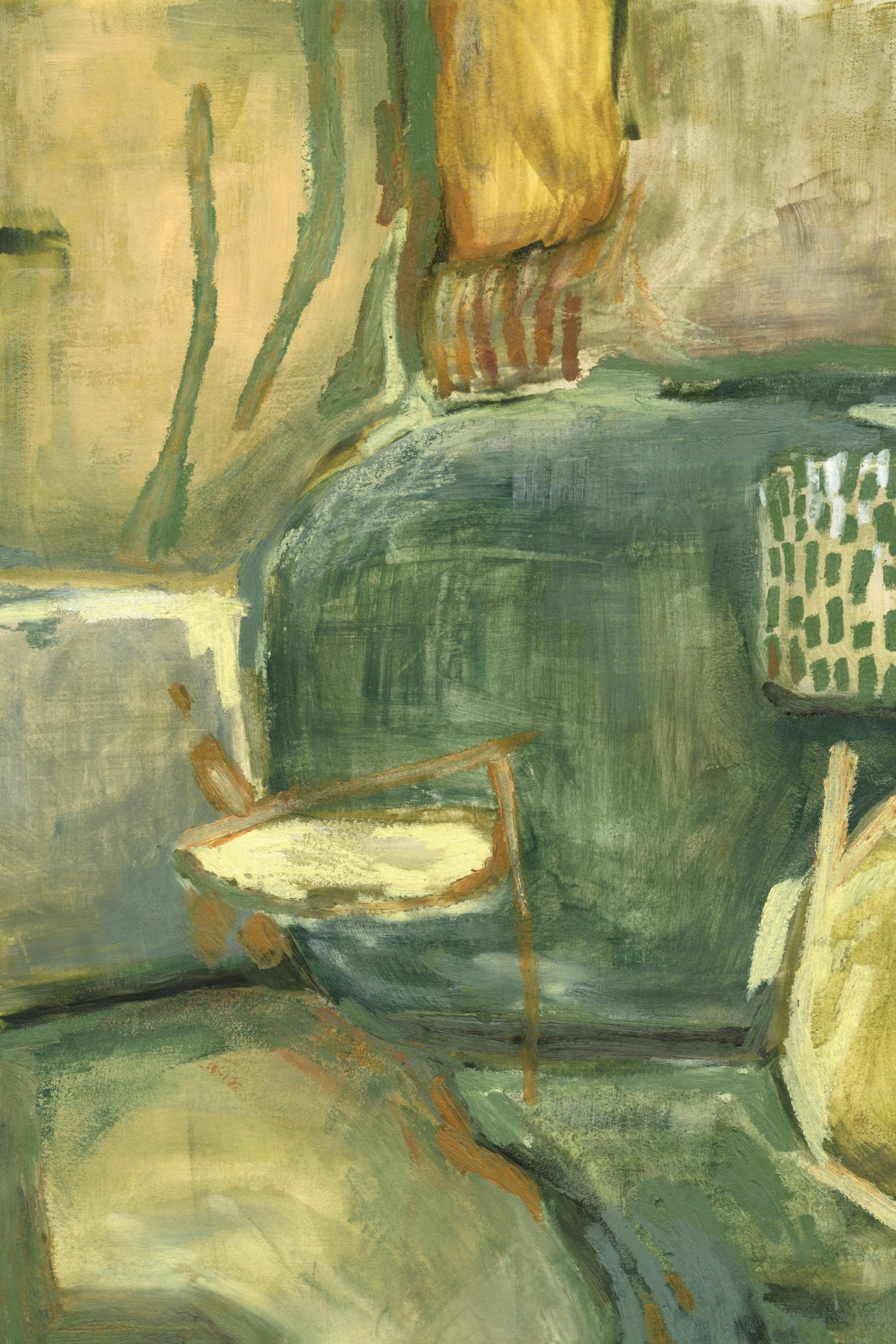 Een poster met een abstract schilderij in groen en geel met brede penseelstreken die een interieur suggereren.