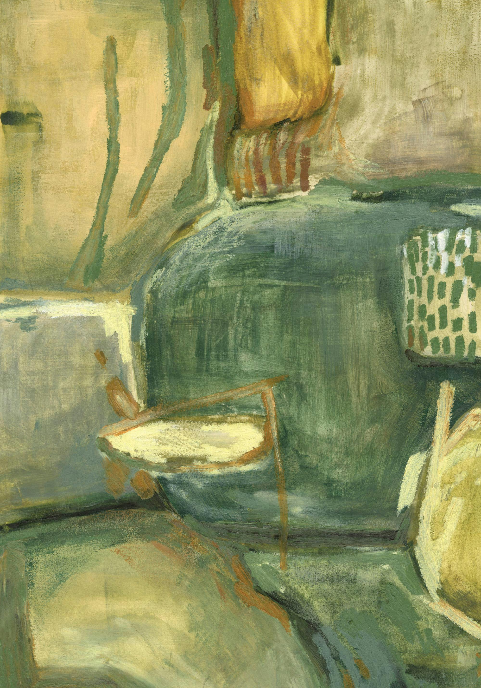 En poster som föreställer en abstrakt målning med nyanser av grönt och gult, och bruna detaljer.