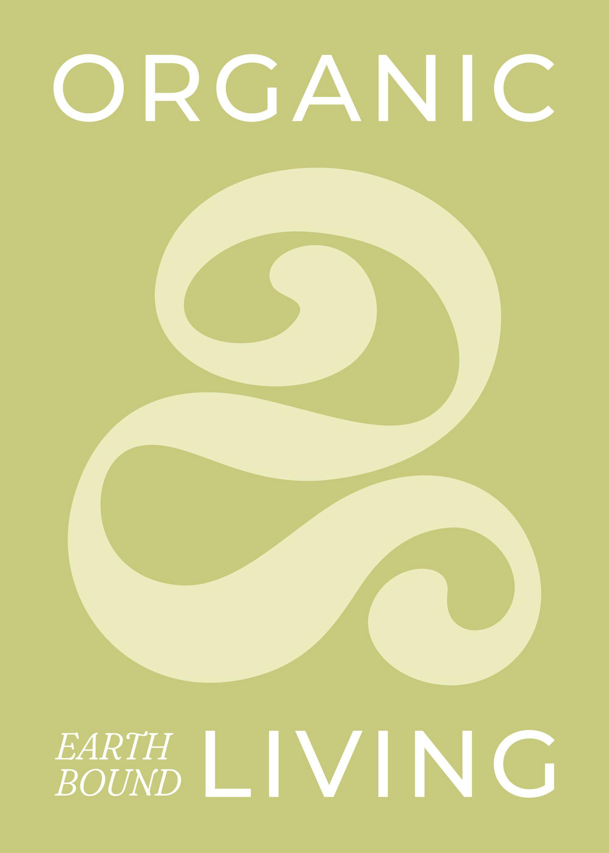 A print with the word ORGANIC at the top, a large light yellow organic swirl in the center, and EARTH BOUND LIVING at the bottom