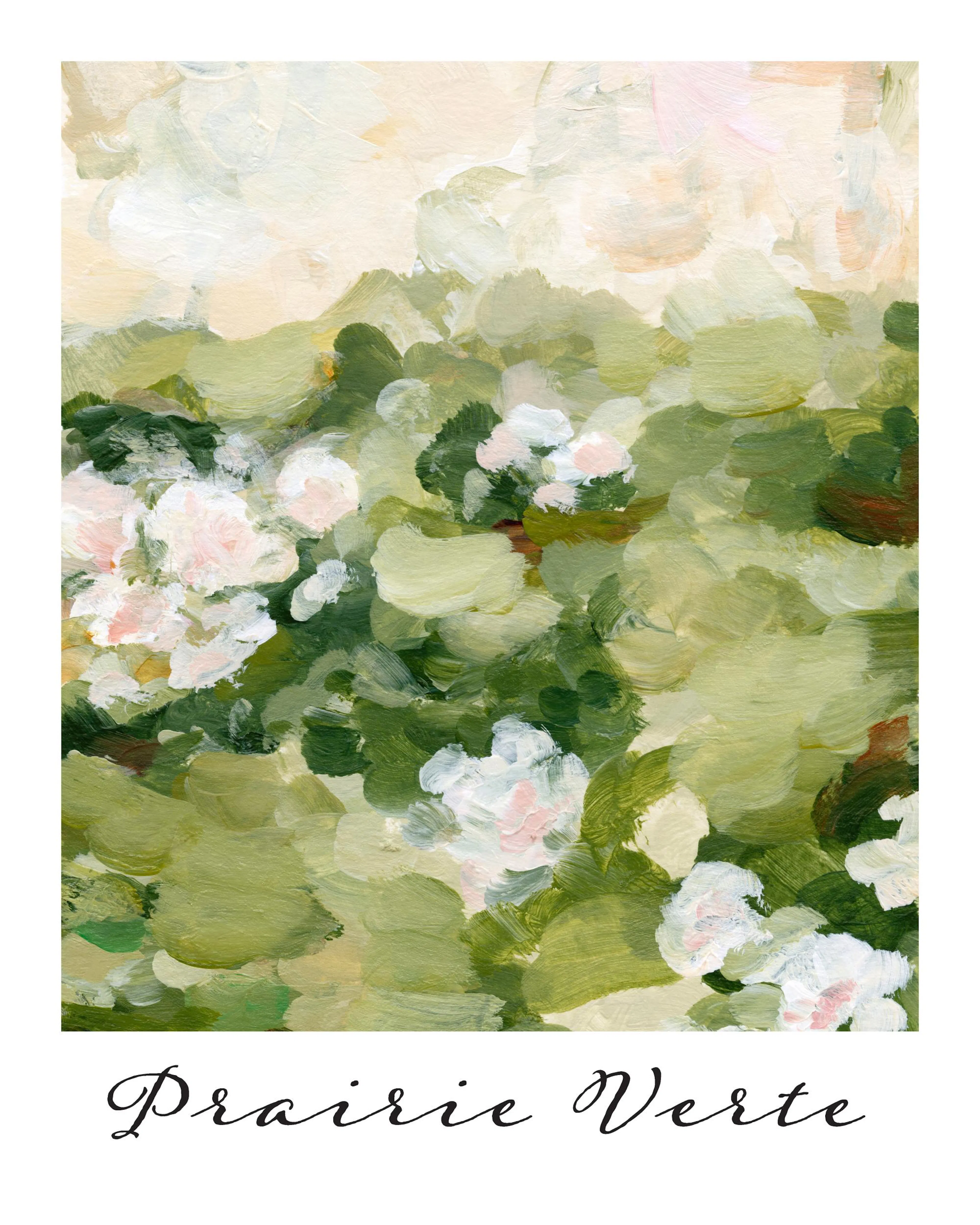 Affiche abstraite de prairie avec des coups de pinceau verts et des fleurs blanches rosées, sous un ciel crème.
