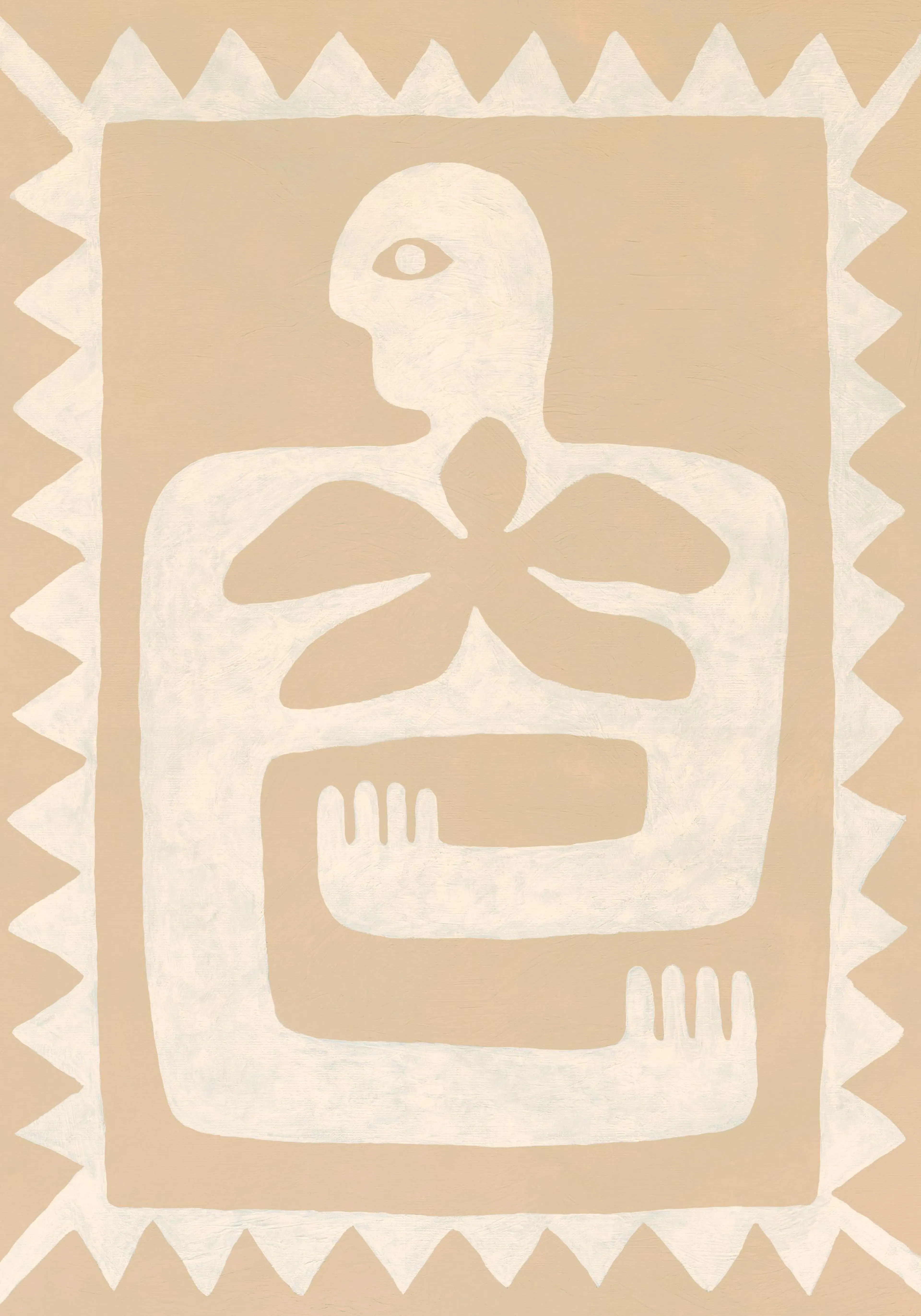 A print of an abstract figure in white with a single eye, a floral chest design, and hands, on a beige background with a zig-zag
